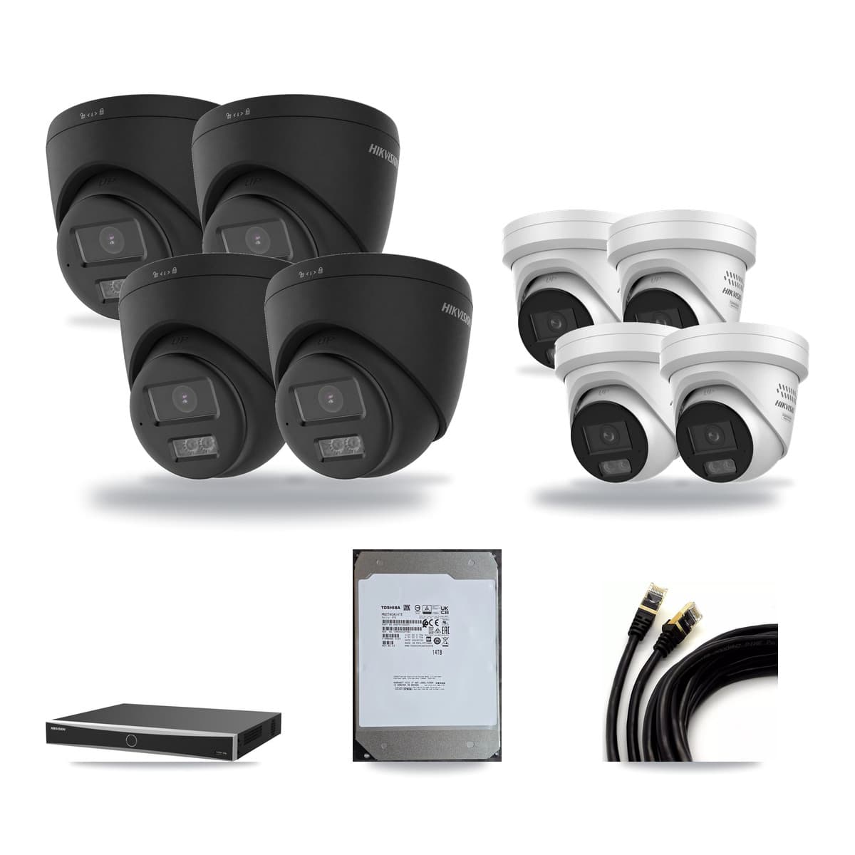 Hikvision 16-Channel 4MP – 4K CCTV Kit — 4 Black 4K + 4 4MP Turret Cameras + 14TB Recording - Image 1