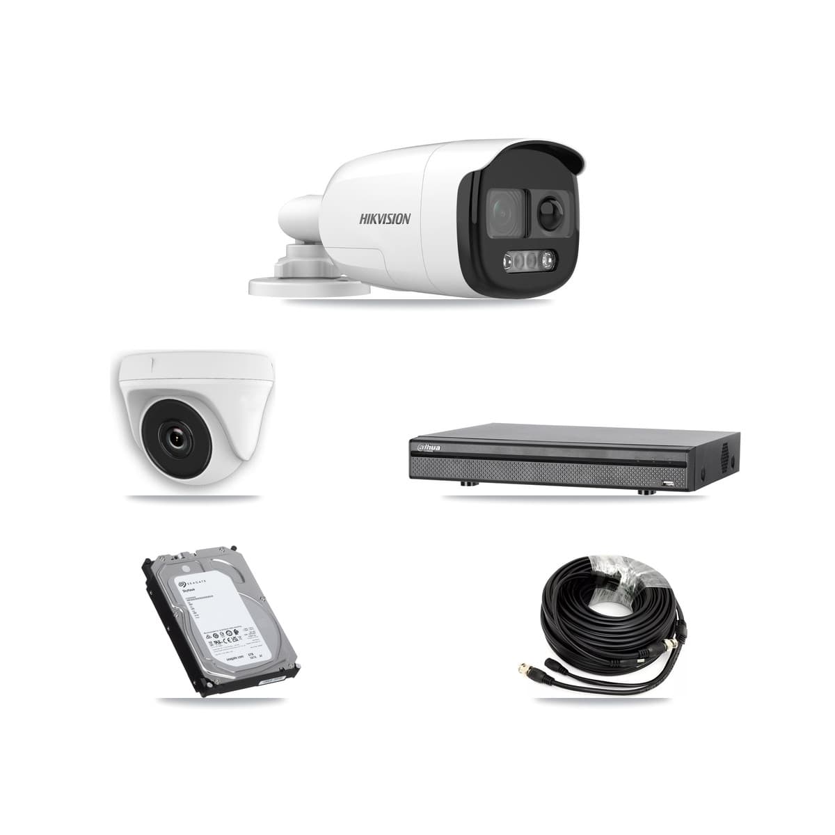 Hikvision & Dahua 8-Channel 2MP – 5MP CCTV Kit — 3 DS-2CE12KF3T 5MP Bullet + 3 White HDT-2MP-N20W 2MP Dome Cameras + 6TB Recording (DH-XVR5108H Recorder)
