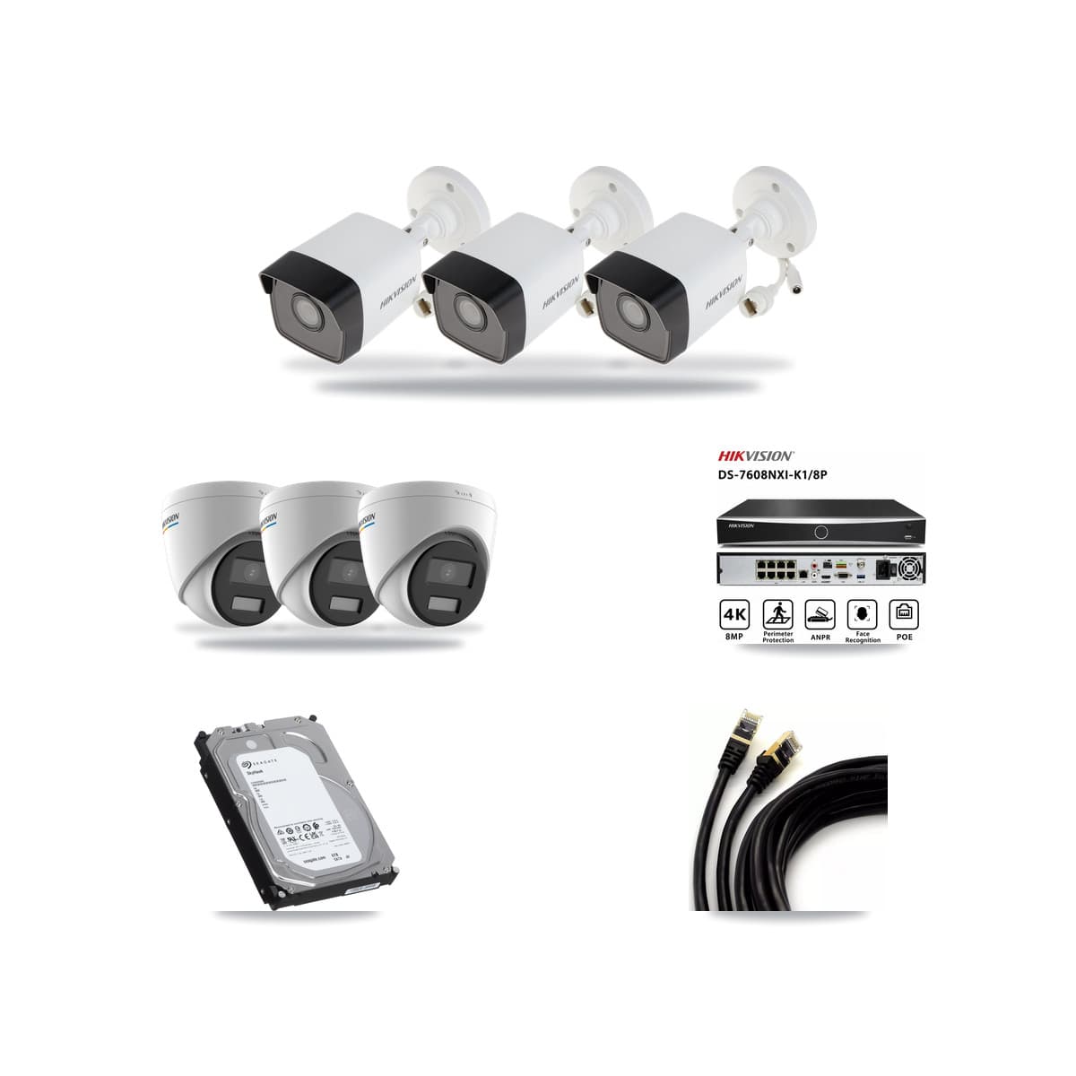 Hikvision 8-channel CCTV kit: 6 cameras (3× 5MP Bullet + 3× 2MP Turret), 6TB hard drive