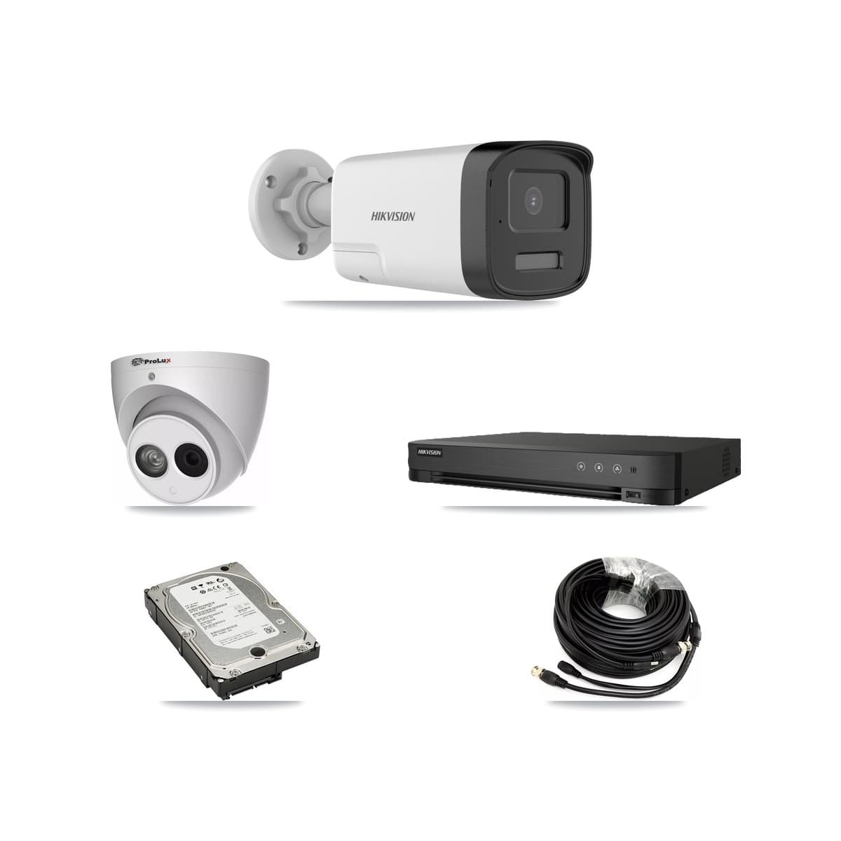 Hikvision & Prolux 8-Channel 4MP – 5MP CCTV Kit — 3 DS-2CE17K0T 5MP Bullet + 1 PXC-612C4W-A 4MP Turret Cameras + 5TB Recording (IDS-7208HQHI Recorder)