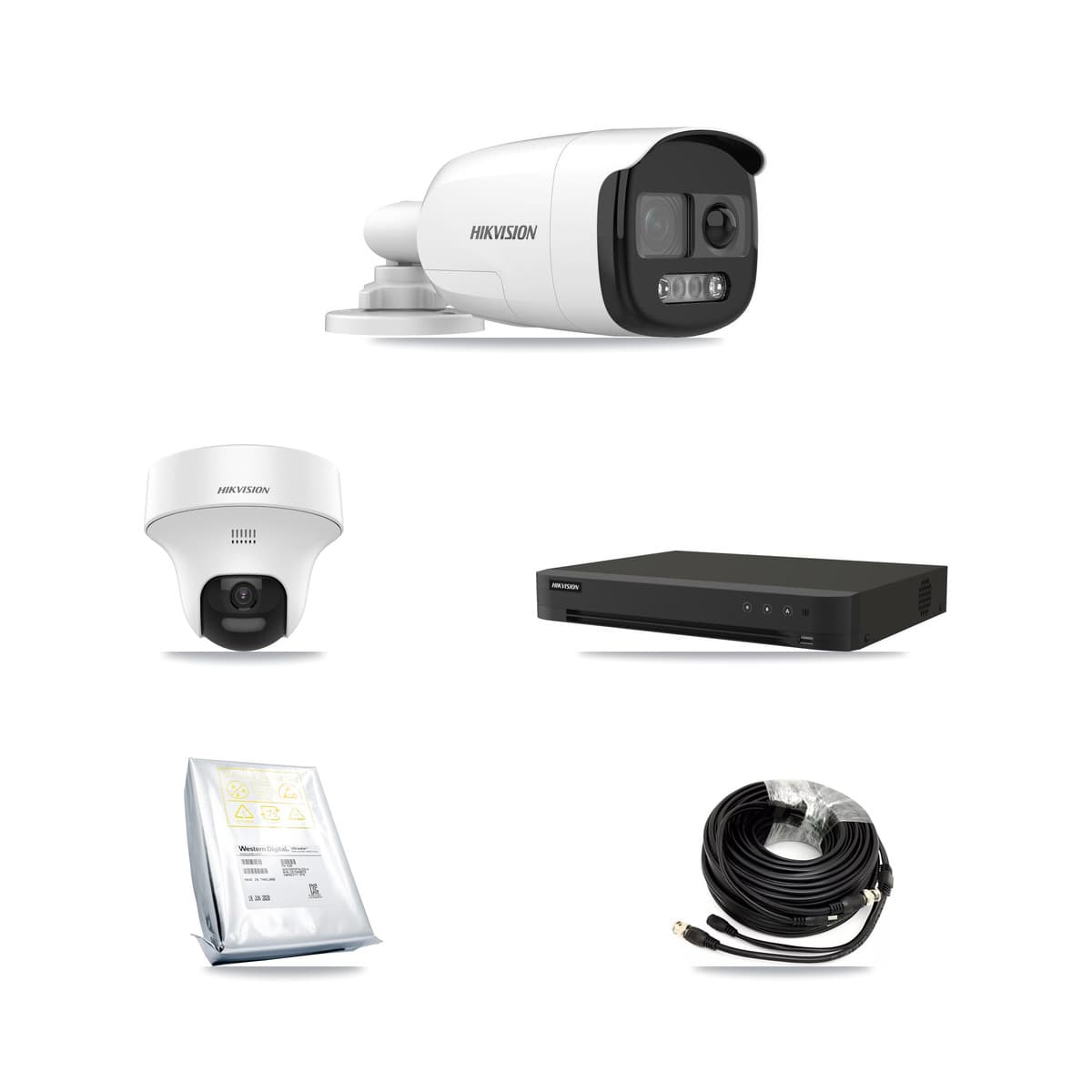 Hikvision 8-Channel 5MP CCTV Kit — 5 DS-2CE12KF3T-PIRXO Bullet + 1 DS-2CE70K0T-PTLTS Turret Cameras + 8TB Recording (IDS-7208HUHI-M1/XT Recorder) - Image 1