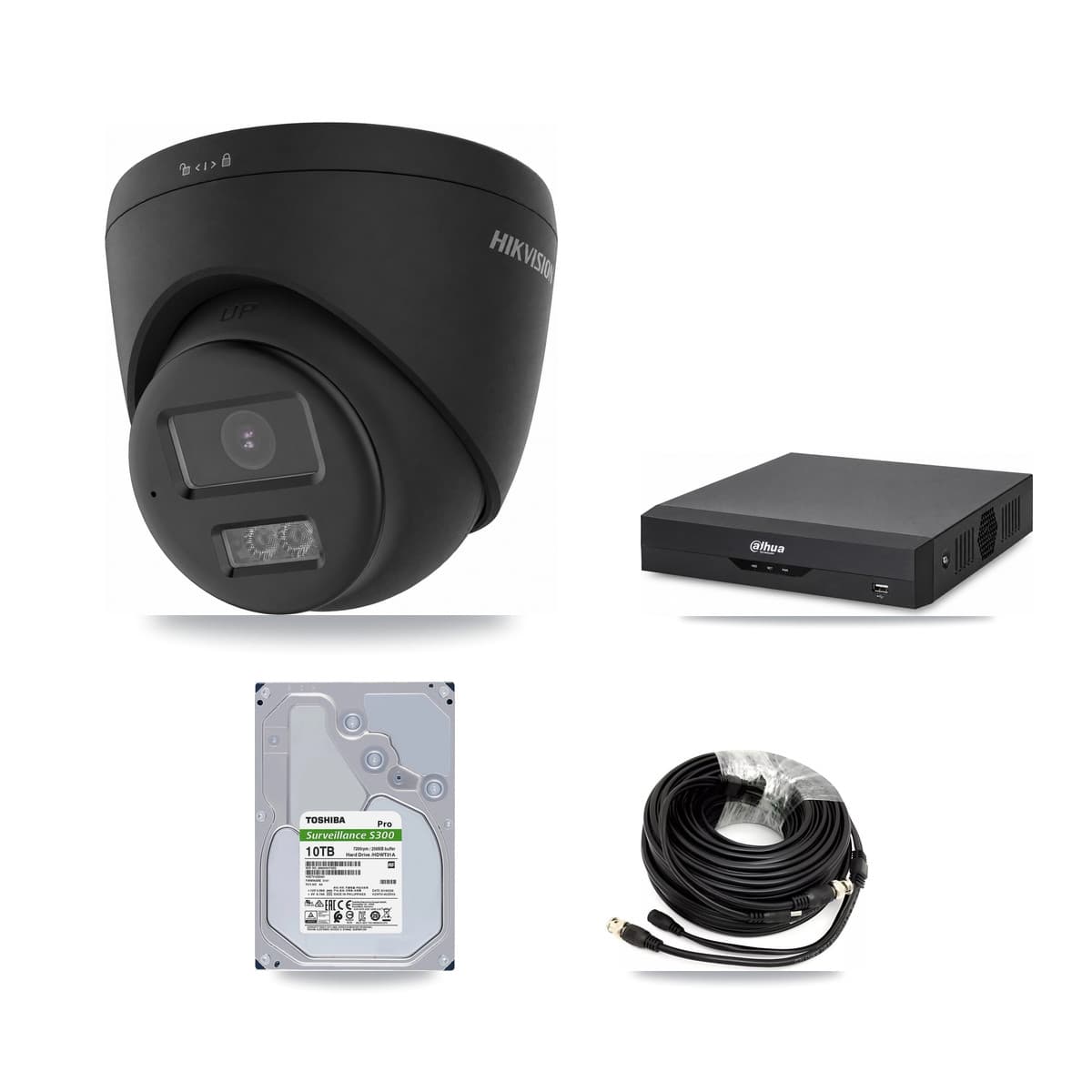 Hikvision & Dahua 4-Channel 4K CCTV Kit — 4 Black Turret Cameras + 10TB Recording