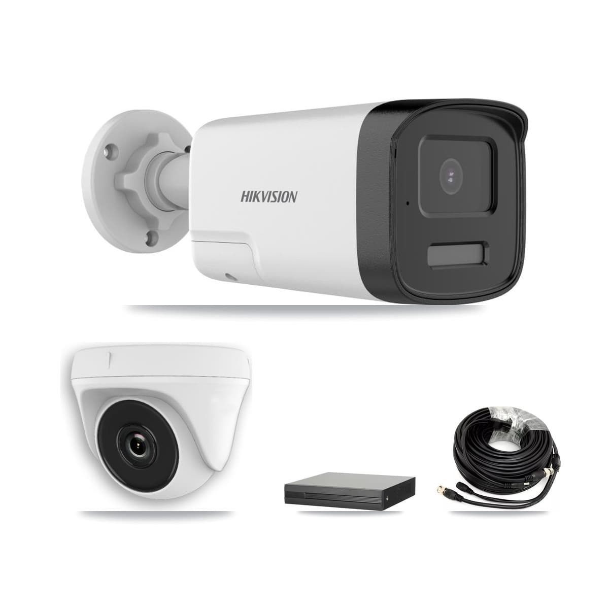 Hikvision 8-Channel 2MP – 5MP CCTV Kit — 2 DS-2CE17K0T 5MP Bullet + 1 White HDT-2MP-N20W 2MP Dome Cameras + 3TB Recording (XVR-3108HS Recorder)