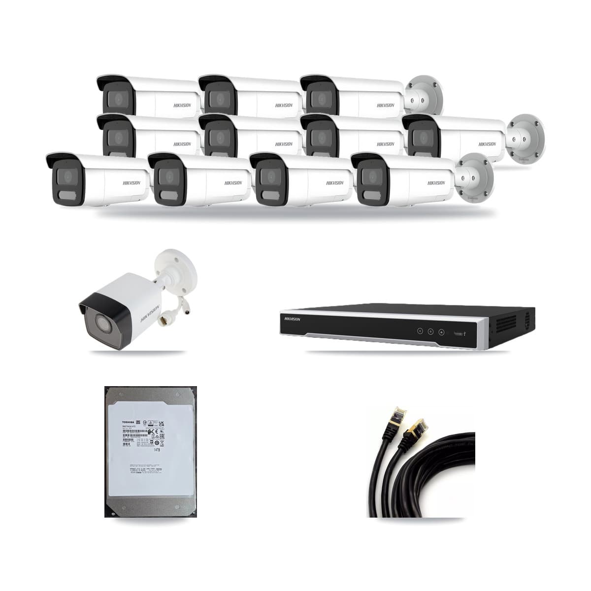 Hikvision 16-Channel 4MP – 5MP CCTV Kit — 1 5MP + 11 4MP Bullet Cameras + 14TB Recording (DS-7616NI-M2 Recorder) - Image 1