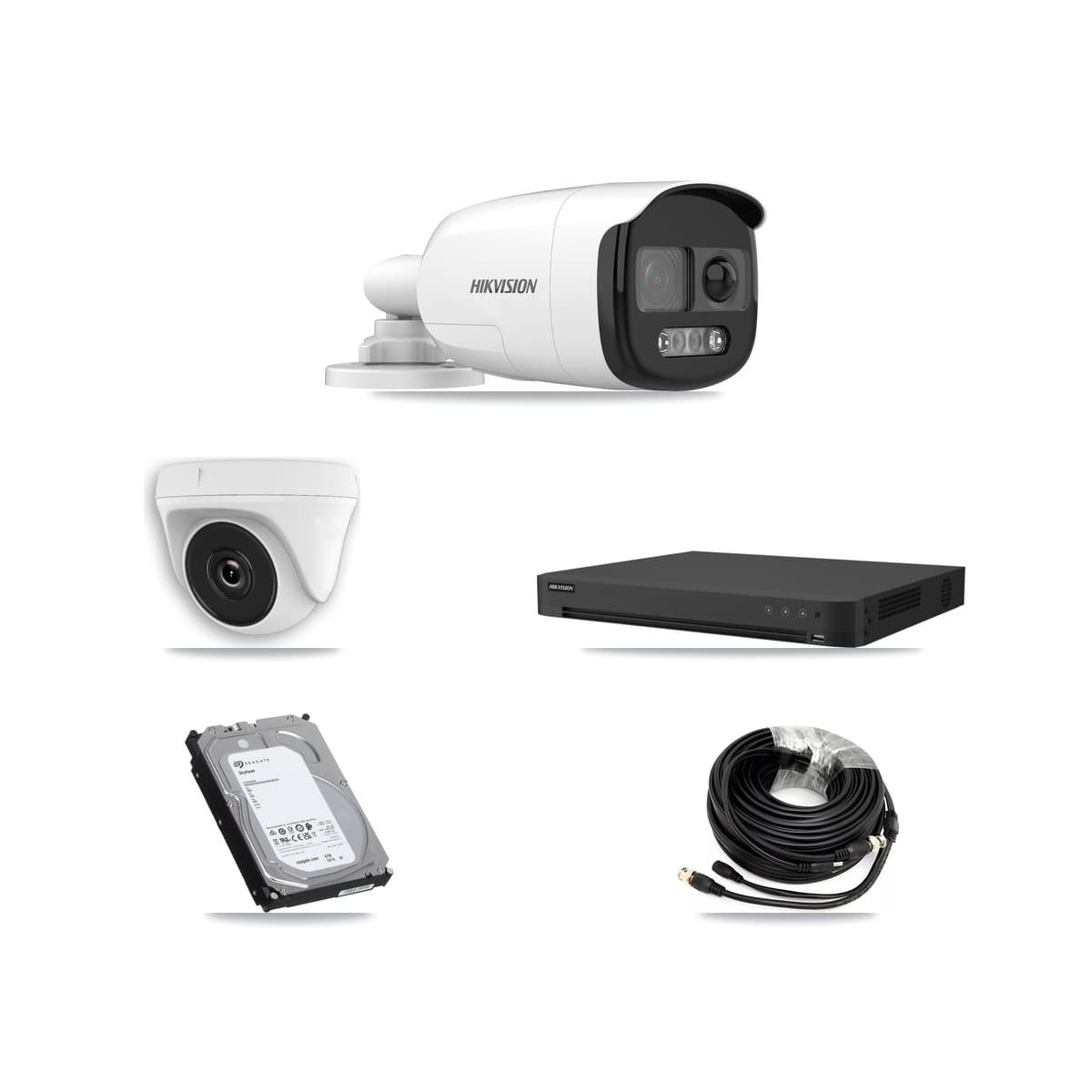 Hikvision 32-Channel 2MP – 5MP CCTV Kit — 3 DS-2CE12KF3T 5MP Bullet + 3 White HDT-2MP-N20W 2MP Dome Cameras + 6TB Recording (IDS-7232HQHI Recorder)