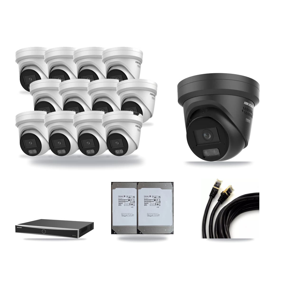 Hikvision 16-Channel 4K CCTV Kit — 12 + 1 Black Turret Cameras + 2× 14TB Recording - Image 1