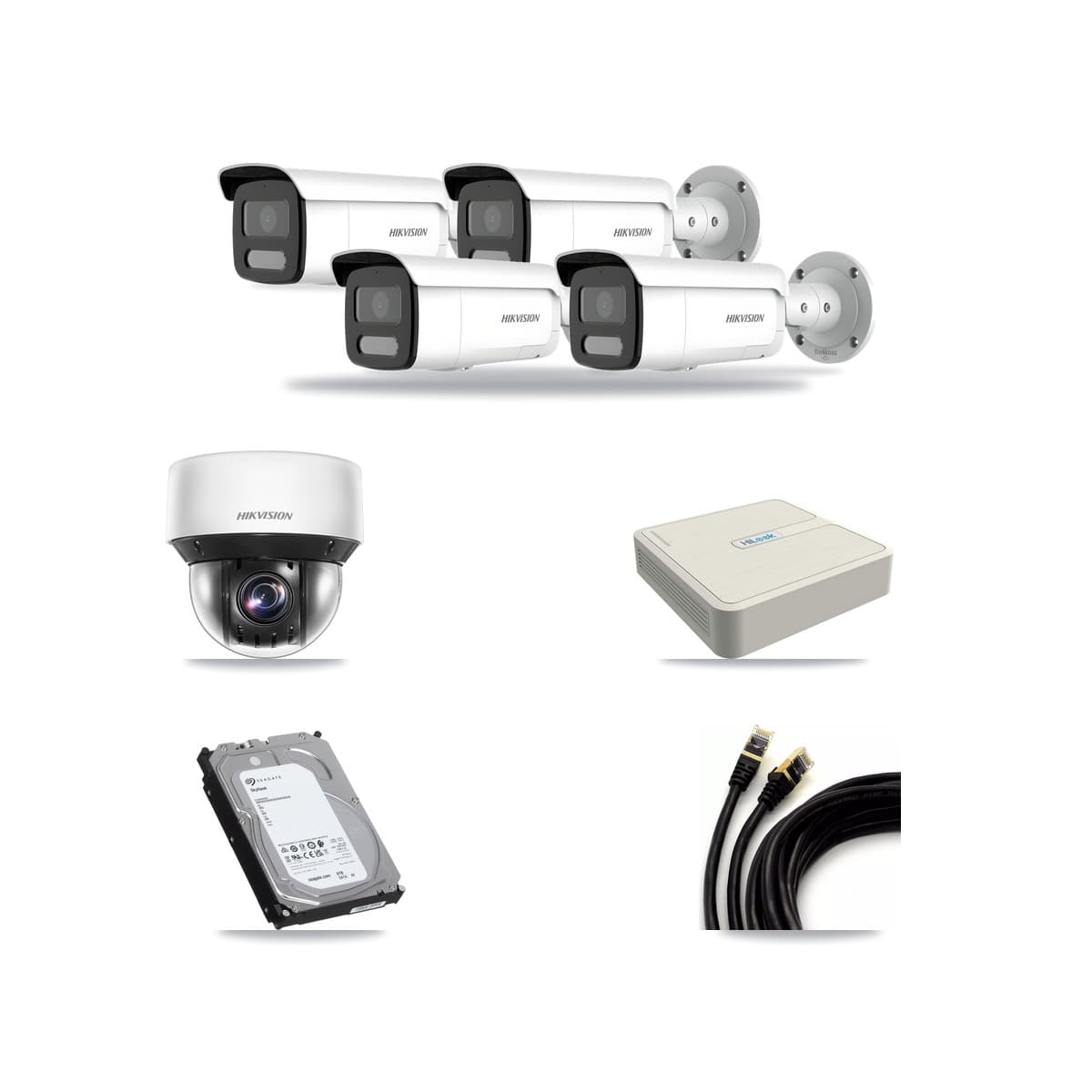 Hikvision & HiLook 8-Channel 4MP CCTV Kit — 4 DS-2CD2T47G2H Bullet + 1 DS-2DE4A425IW PTZ Cameras + 6TB Recording - Image 1