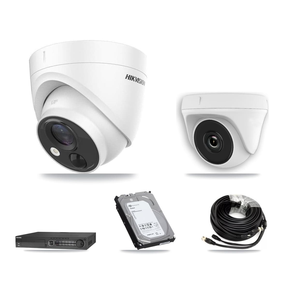 Hikvision 32-Channel 2MP – 5MP CCTV Kit — 3 DS-2CE71H0T 5MP Turret + 3 White HDT-2MP-N20W 2MP Dome Cameras + 6TB Recording (IDS-7332HUHI Recorder) - Image 1