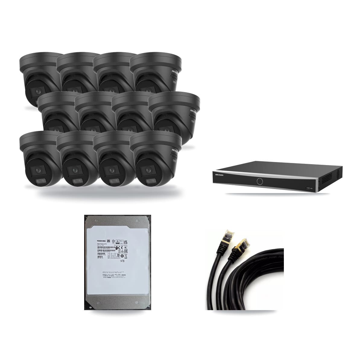 Hikvision 16-Channel 4K CCTV Kit — 12 Black Turret Cameras + 14TB Recording (DS-7616NXI Recorder) - Image 1