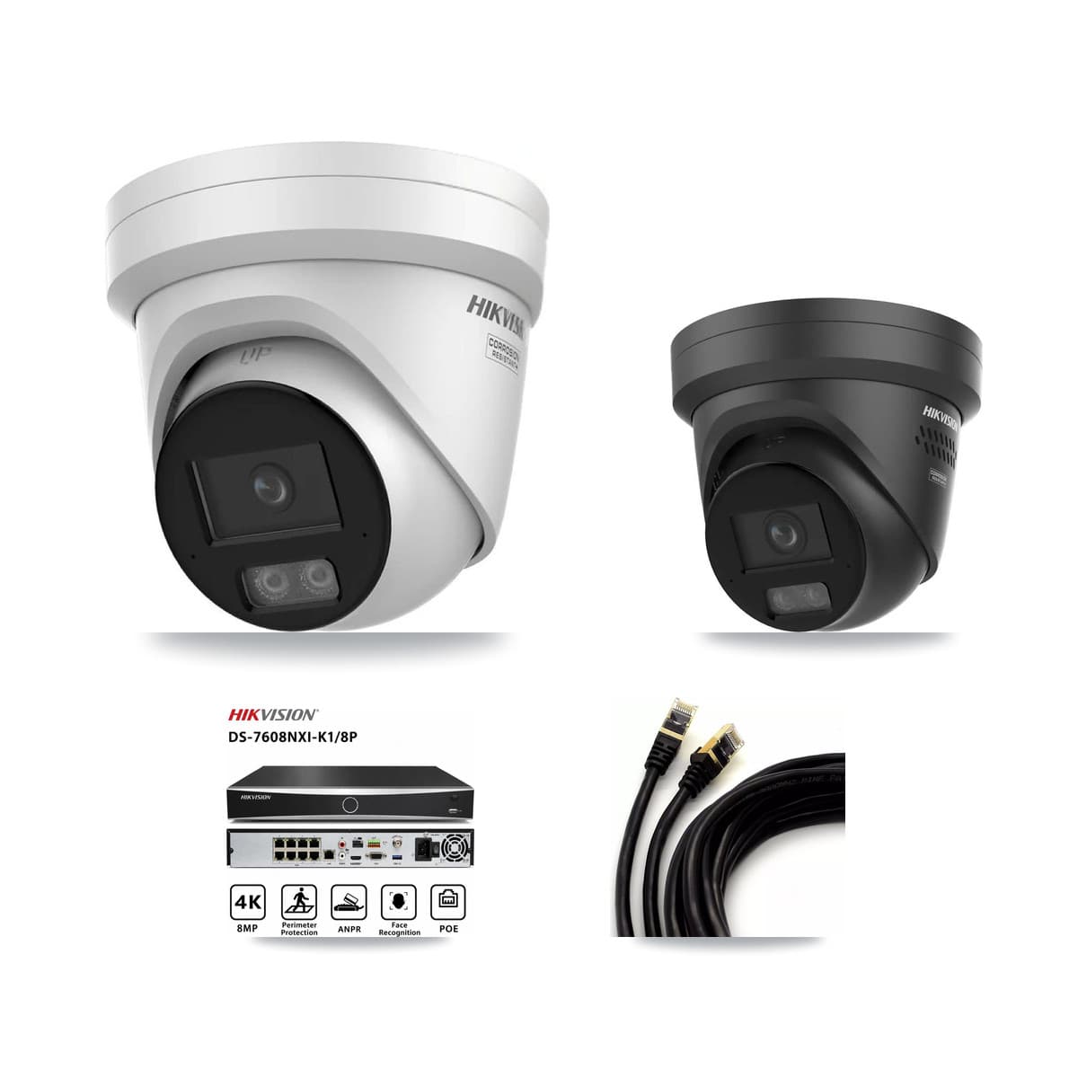 Hikvision 8-Channel 4K CCTV Kit — 2 DS-2CD2387G3 + 1 Black DS-2CD2387G3 Turret Cameras + 8TB Recording - Image 1