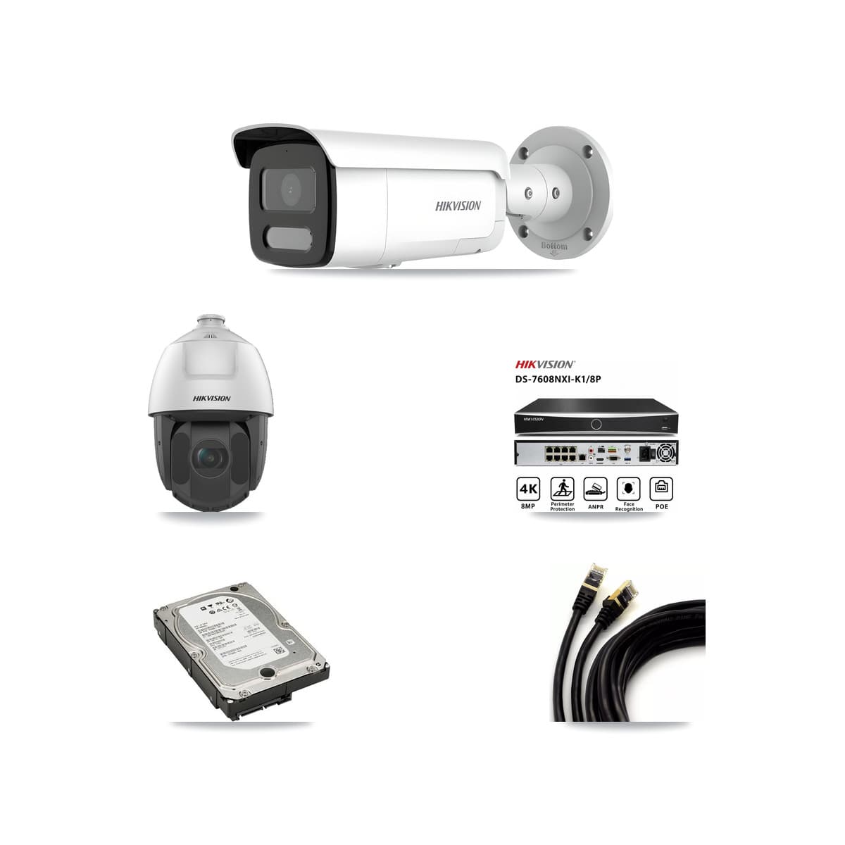 Hikvision 8-Channel 2MP – 4MP CCTV Kit — 3 4MP Bullet + 1 2MP PTZ Cameras + 5TB Recording (DS-7608NXI Recorder)