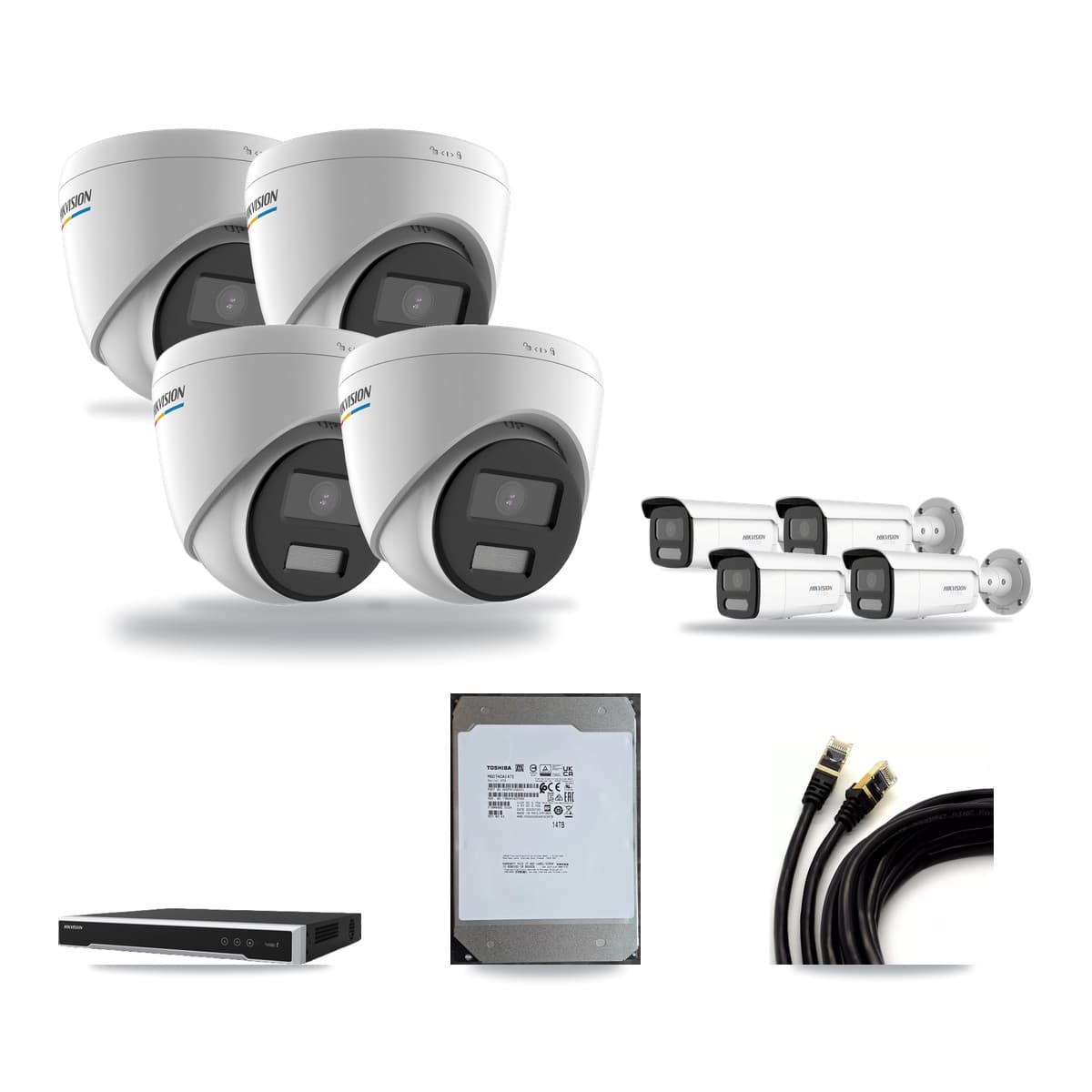 Hikvision 16-Channel 2MP – 4K CCTV Kit — 4 2MP Turret + 4 White 4K Bullet Cameras + 14TB Recording (DS-7616NI-M2 Recorder) - Image 1