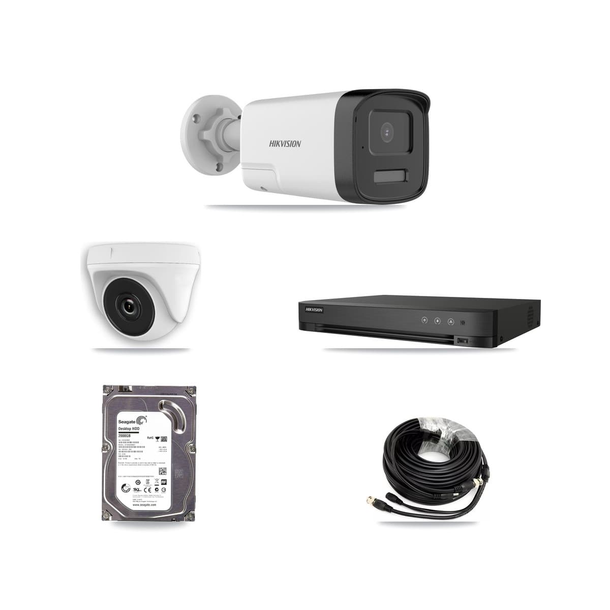 Hikvision 4-Channel 2MP – 5MP CCTV Kit — 1 DS-2CE17K0T 5MP Bullet + 1 White HDT-2MP-N20W 2MP Dome Cameras + 2TB Recording (IDS-7204HUHI Recorder)