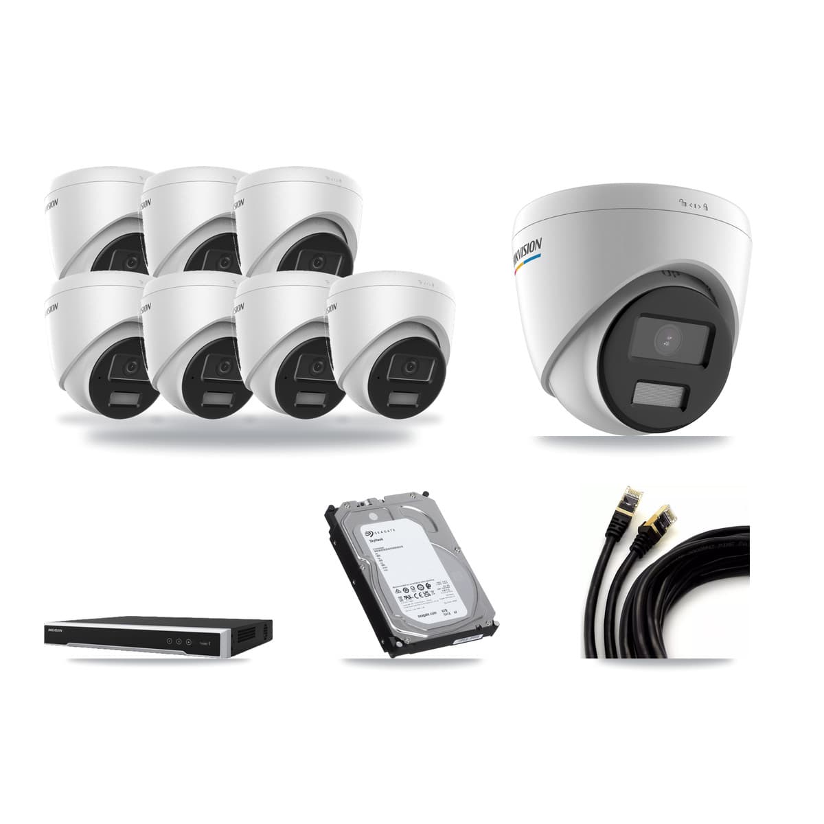 Hikvision 8-Channel 2MP – 4MP CCTV Kit — 1 2MP + 7 4MP Turret Cameras + 6TB Recording (DS-7608NI-M2 Recorder) - Image 1