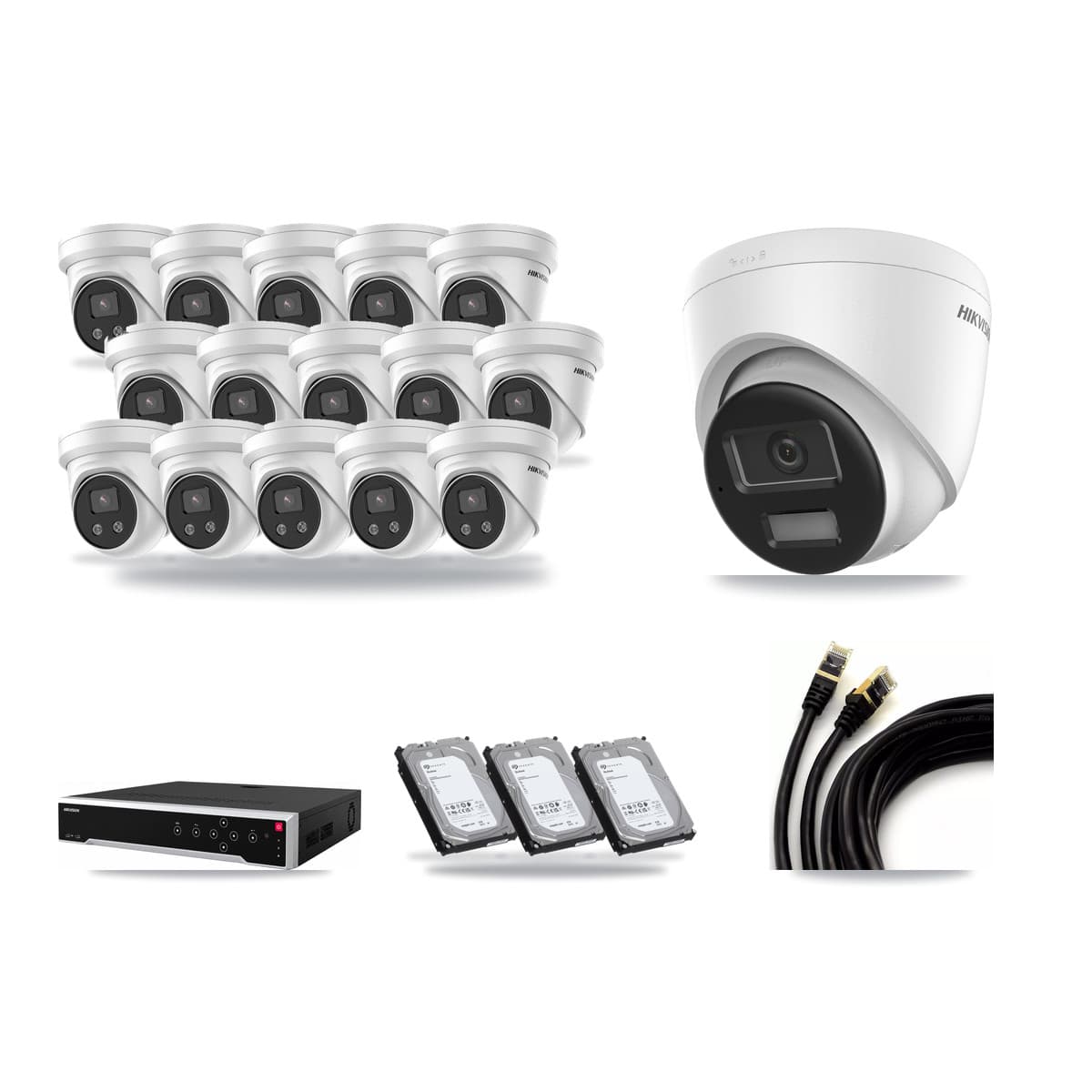 Hikvision 32-Channel 5MP – 4K CCTV Kit — 1 DS-2CD1383G2-LIU 4K + 15 DS-2CD3356G2-ISU 5MP Turret Cameras + 3× 6TB Recording (DS-7732NI-M4/24P Recorder) - Image 1