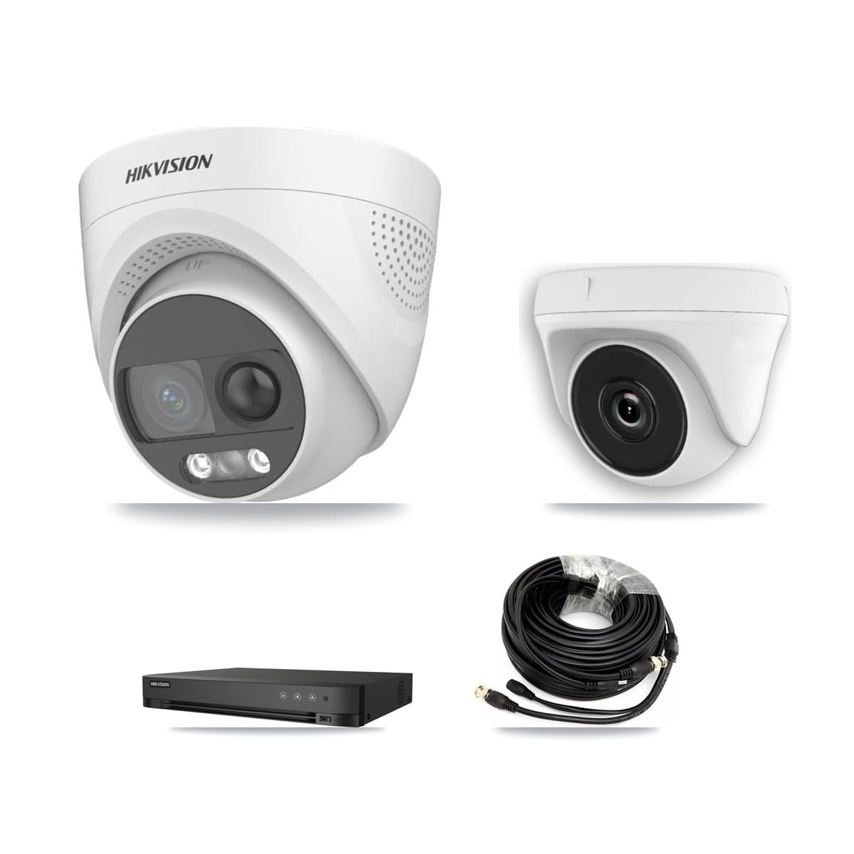 Hikvision 4-Channel 2MP – 5MP CCTV Kit — 2 DS-2CE72KF3T 5MP Turret + 1 White HDT-2MP-N20W 2MP Dome Cameras + 3TB Recording (IDS-7204HUHI Recorder) - Image 1