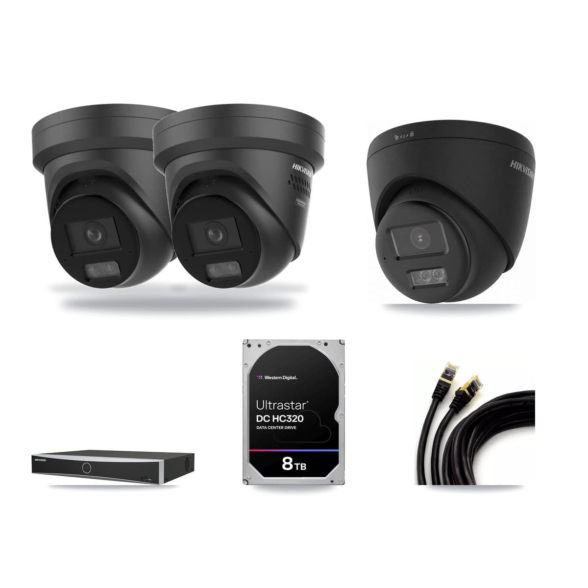 Hikvision 4-Channel 4K CCTV Kit — 1 Black DS-2CD1383G2 + 2 Black DS-2CD2387G3 Turret Cameras + 8TB Recording - Image 1