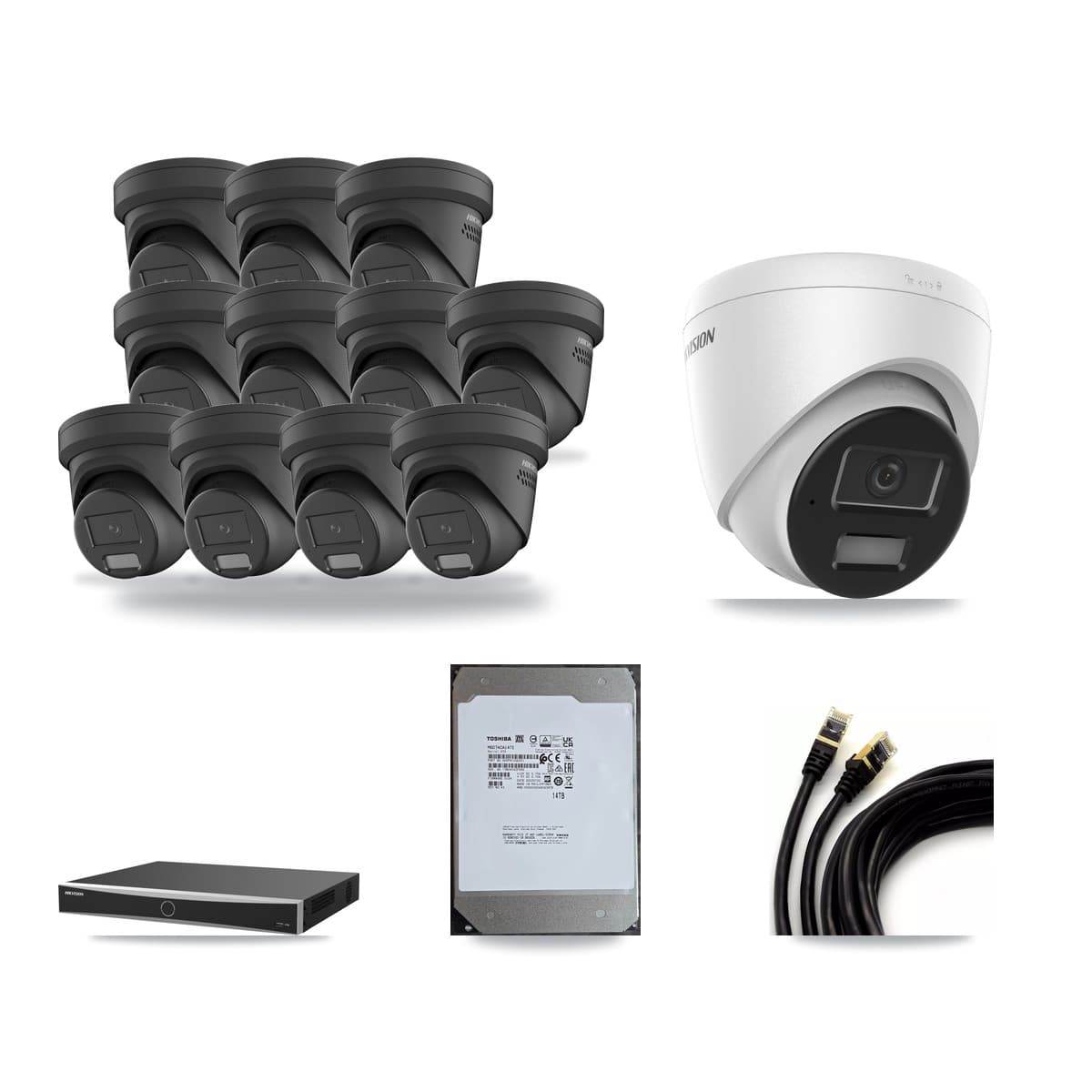 Hikvision 16-Channel 4MP CCTV Kit — 1 DS-2CD1343G2 + 11 Black DS-2CD2347G2 Turret Cameras + 14TB Recording (DS-7616NXI Recorder) - Image 1
