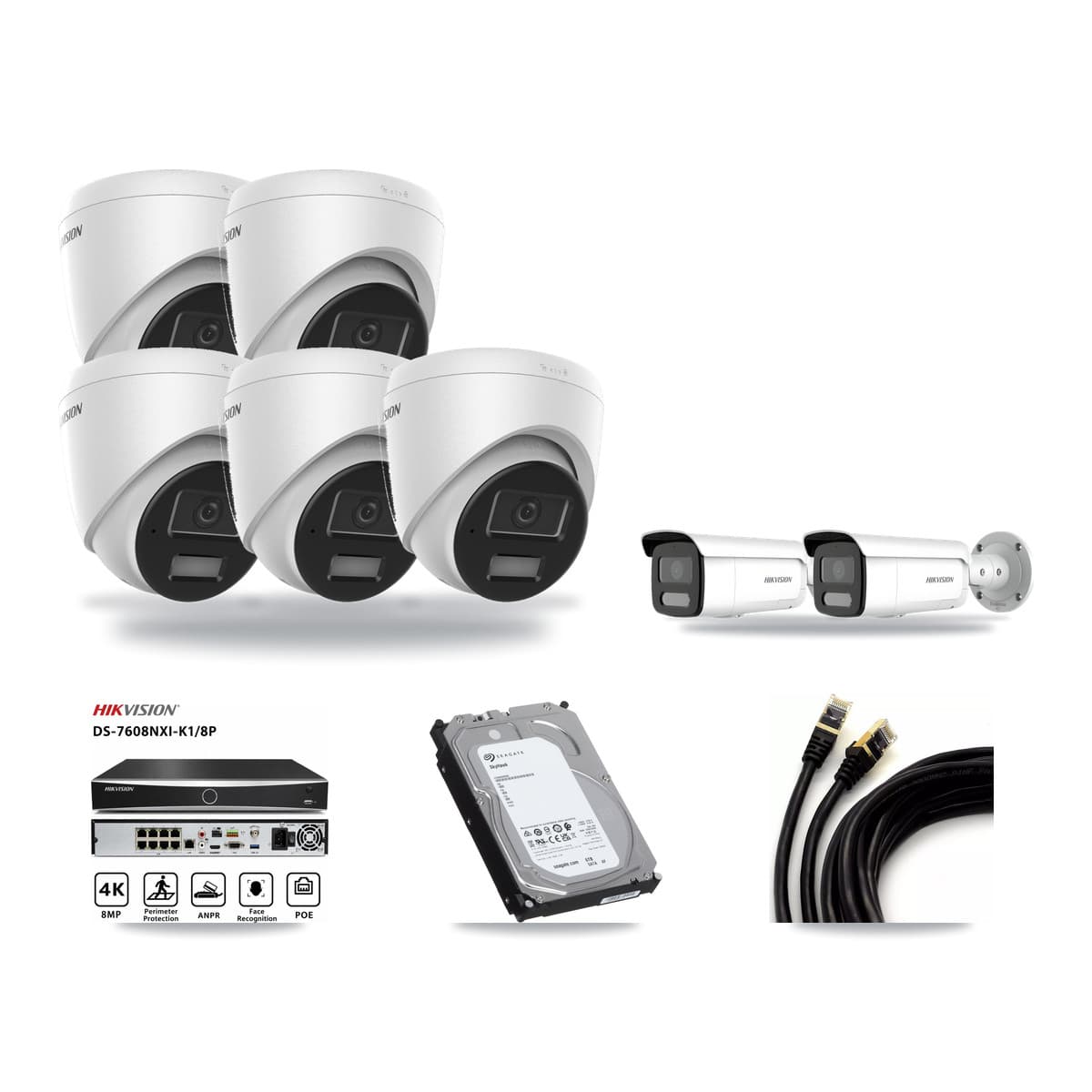Hikvision 8-channel CCTV kit: 7 cameras (5× 4MP Turret + 2× 4MP Bullet), 6TB hard drive