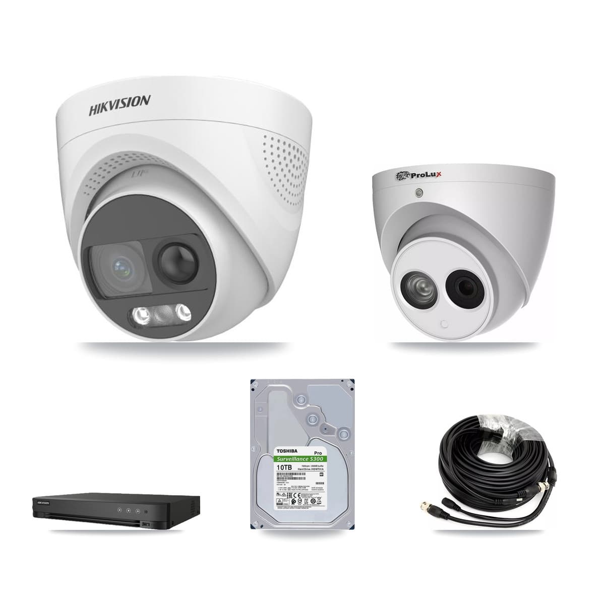 Hikvision & Prolux 8-Channel 4MP – 5MP CCTV Kit — 7 DS-2CE72KF3T 5MP + 1 PXC-612C4W-A 4MP Turret Cameras + 10TB Recording (IDS-7208HQHI Recorder)