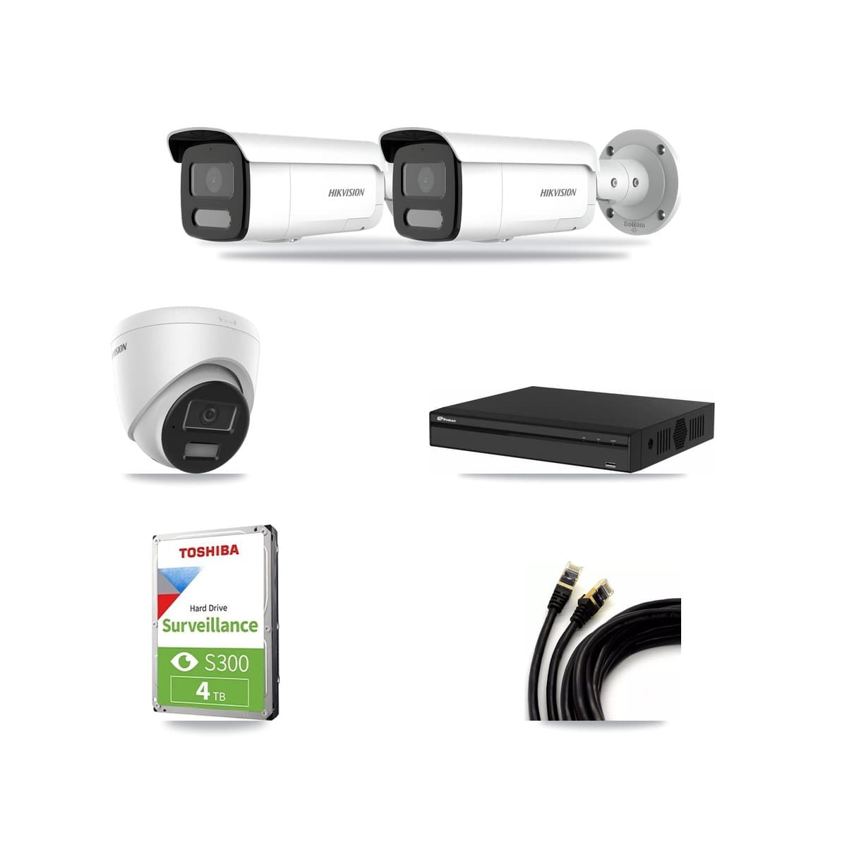 Hikvision & Prolux 4-Channel 4MP CCTV Kit — 1 DS-2CD1343G2 Turret + 2 DS-2CD2T47G2H Bullet Cameras + 4TB Recording - Image 1