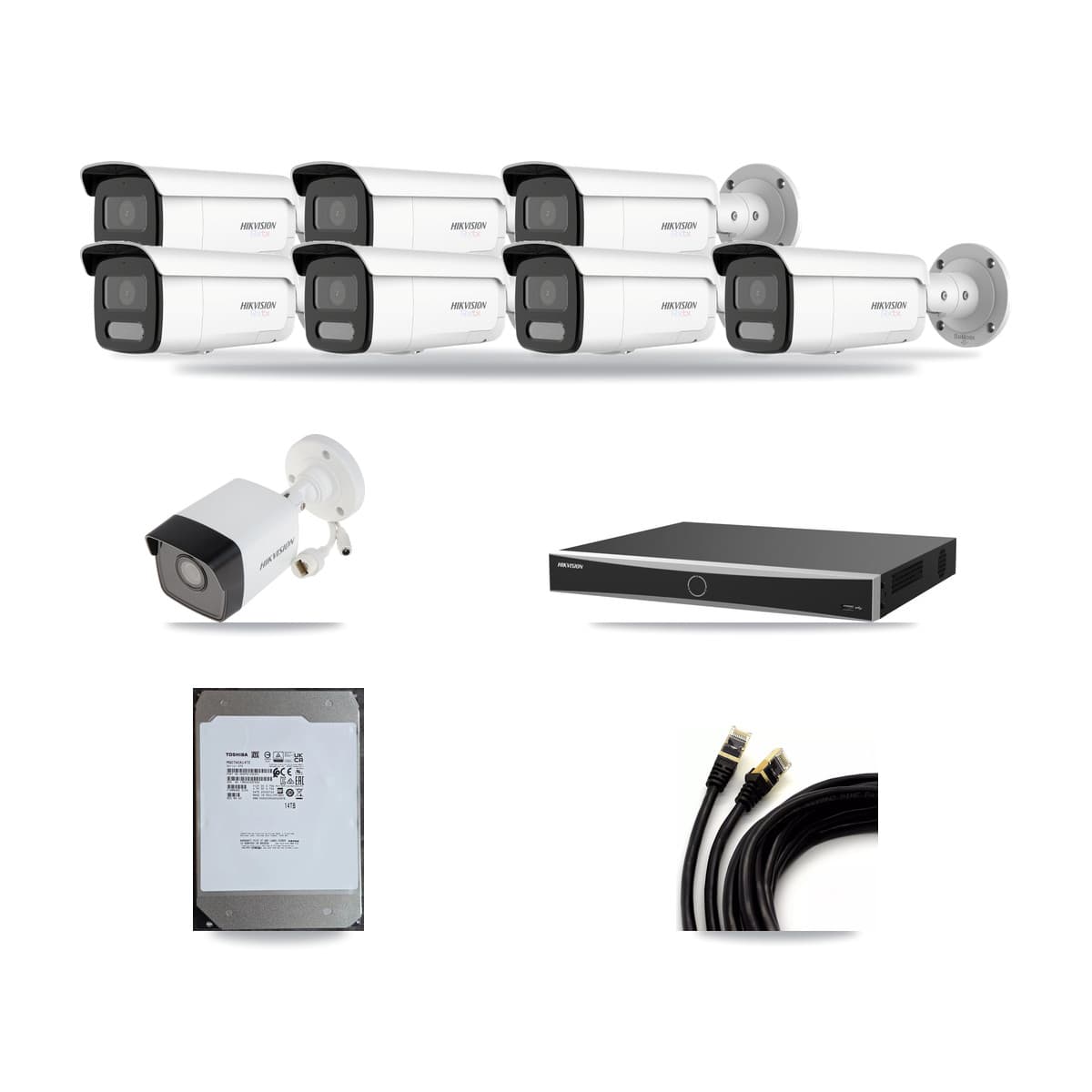 Hikvision 16-Channel 5MP – 4K CCTV Kit — 1 5MP + 7 White 4K Bullet Cameras + 14TB Recording (DS-7616NXI Recorder) - Image 1