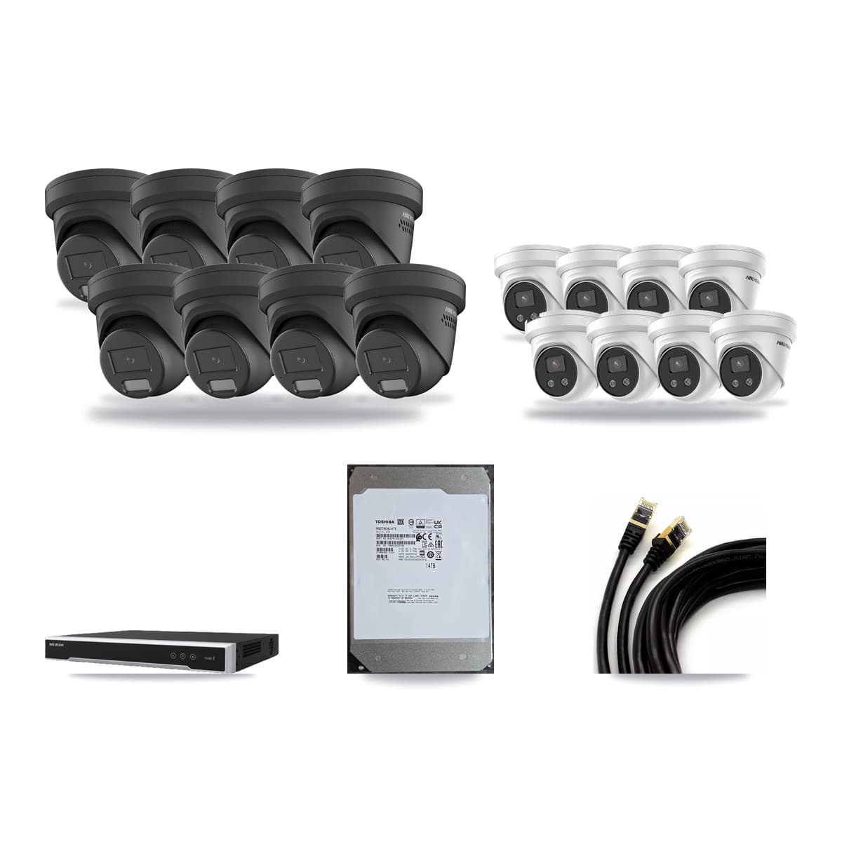 Hikvision 16-Channel 4MP – 5MP CCTV Kit — 8 Black 4MP + 8 5MP Turret Cameras + 14TB Recording (DS-7616NI-M2 Recorder) - Image 1