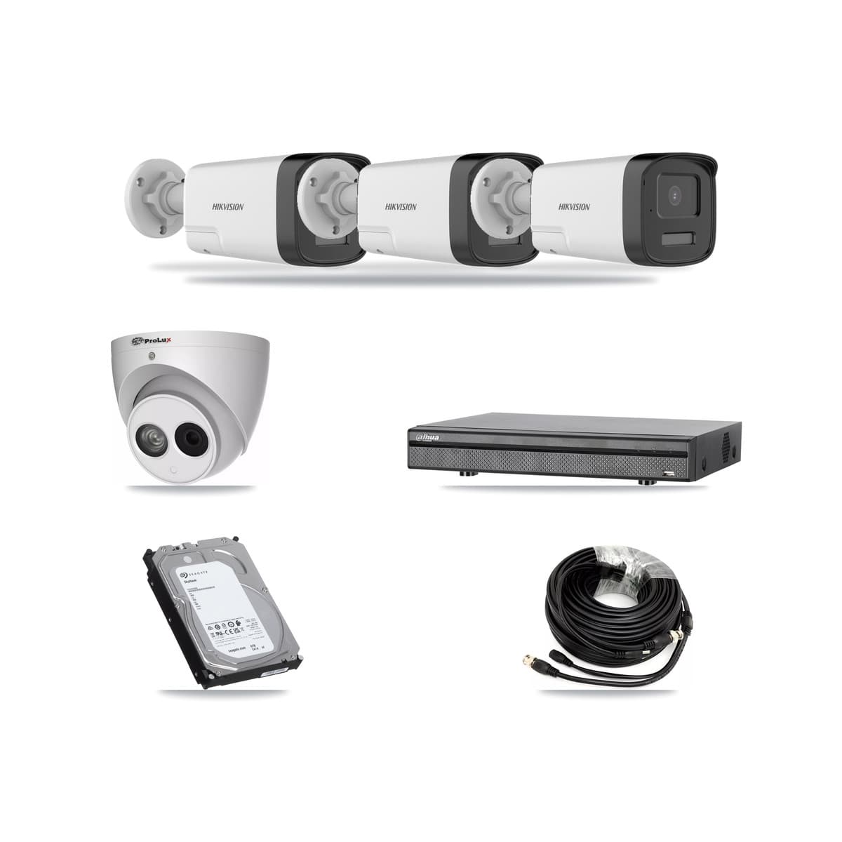 8-Channel 4MP – 5MP CCTV Kit — 3 DS-2CE17K0T 5MP Bullet + 1 PXC-612C4W-A 4MP Turret Cameras + 6TB Recording (DH-XVR5108H Recorder) - Image 1