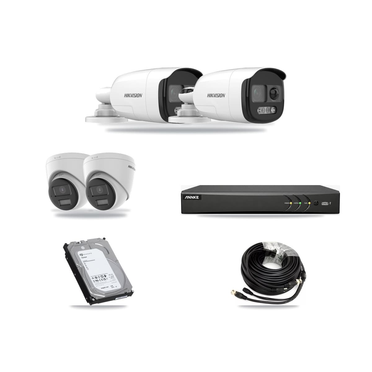 Hikvision & ANNKE 4-Channel 5MP – 4K CCTV Kit — 2 DS-2CE12KF3T 5MP Bullet + 2 DS-2CE78U0T 4K Turret Cameras + 6TB Recording - Image 1