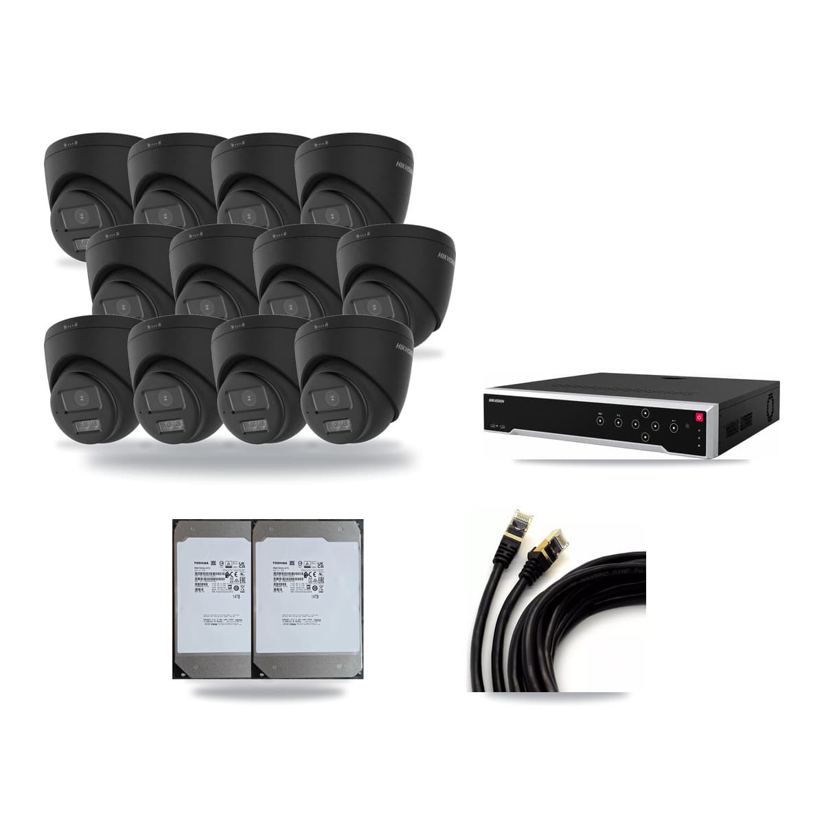 Hikvision 32-Channel 4K CCTV Kit — 12 Black DS-2CD1383G2 Turret Cameras + 2× 14TB Recording - Image 1