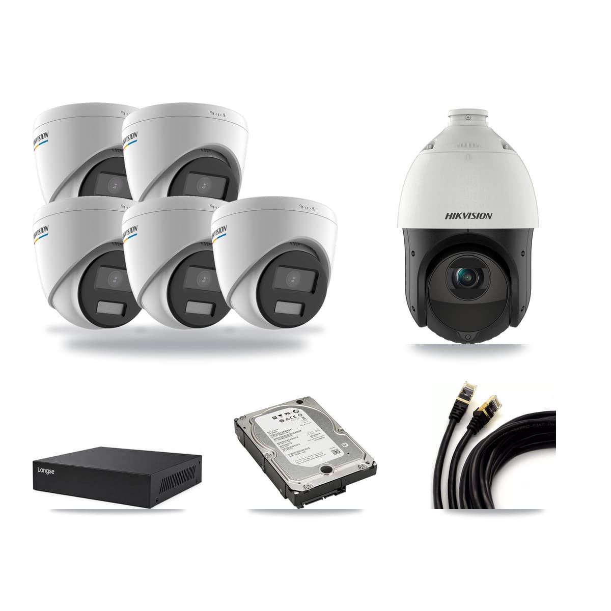 Hikvision & Longse 8-Channel 2MP – 4MP CCTV Kit — 5 2MP Turret + 1 4MP PTZ Cameras + 5TB Recording - Image 1