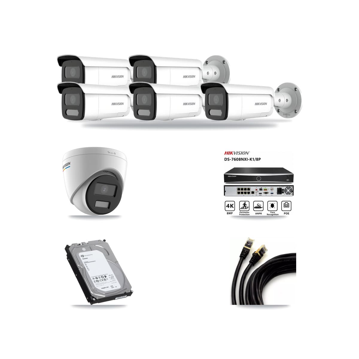 Hikvision 8-Channel 2MP – 4MP CCTV Kit — 1 2MP Turret + 5 4MP Bullet Cameras + 6TB Recording (DS-7608NXI Recorder) - Image 1