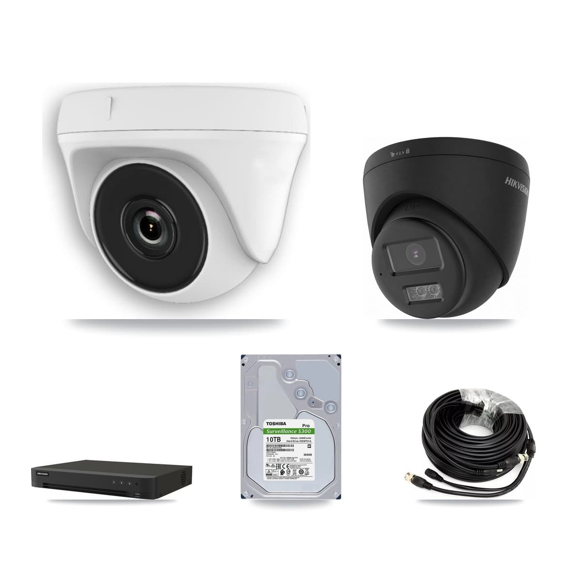 Hikvision 8-Channel 2MP – 4K CCTV Kit — 2 Black DS-2CE78U0T-LTS-BLACK 4K Turret + 6 White HDT-2MP-N20W-2.8MM 2MP Dome Cameras + 10TB Recording (IDS-7208HUHI-M1/XT Recorder)