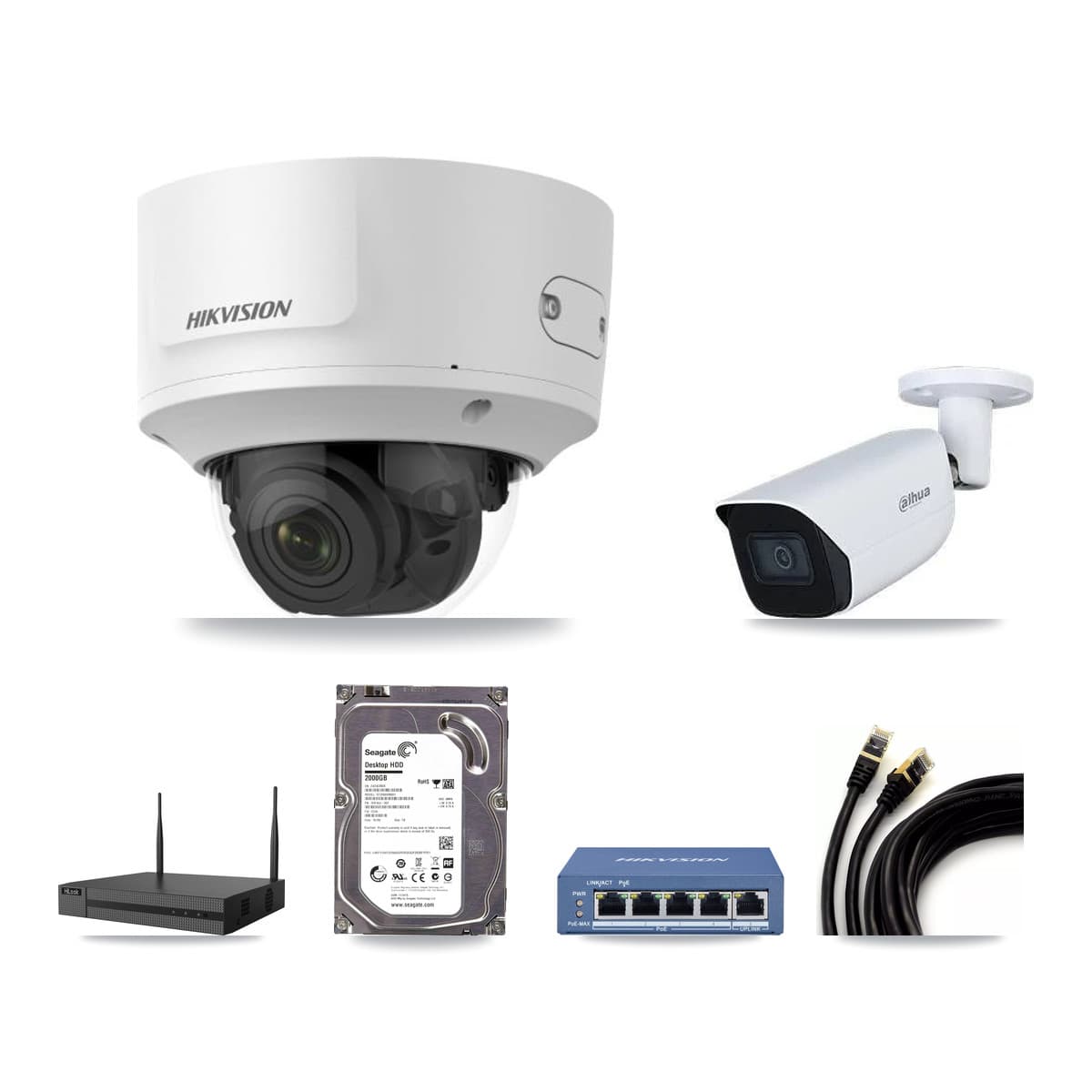 4-Channel 2MP – 5MP CCTV Kit — 1 2MP Dome + 1 5MP Bullet Cameras + 2TB Recording (NVR-104MH-D Recorder)