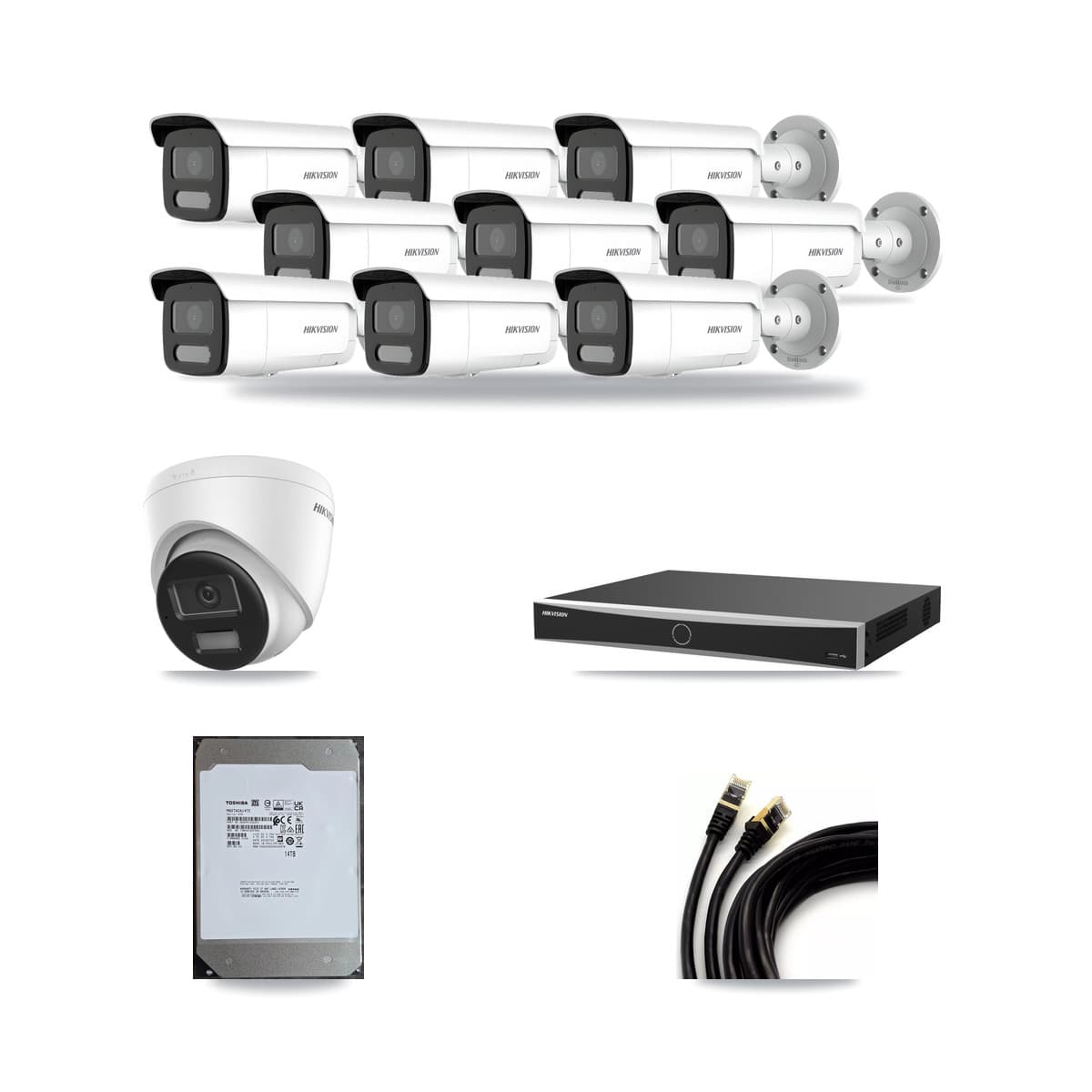 Hikvision 16-channel CCTV kit: 10 cameras (9× 4MP Bullet + 1× 4K Turret), 14TB hard drive