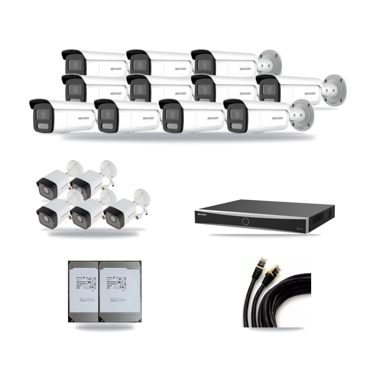 Hikvision 16-Channel 4MP – 5MP CCTV Kit — 5 5MP + 11 4MP Bullet Cameras + 2× 14TB Recording (DS-7616NXI Recorder) - Image 1