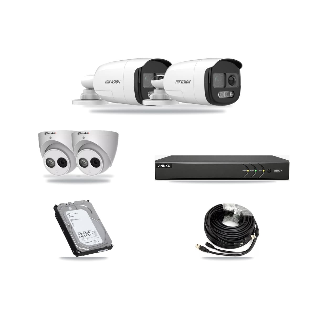 4-Channel 4MP – 5MP CCTV Kit — 2 DS-2CE12KF3T 5MP Bullet + 2 PXC-612C4W-A 4MP Turret Cameras + 6TB Recording (AN-DV4-8MP Recorder) - Image 1