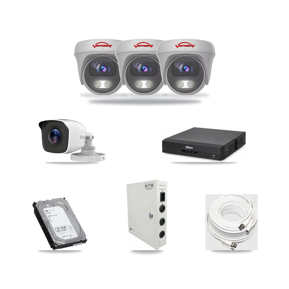 4-Channel 4MP – 5MP CCTV Kit — 1 4MP Bullet + 3 White 5MP Cameras + 6TB Recording (DH-XVR5104HS Recorder) - Image 1