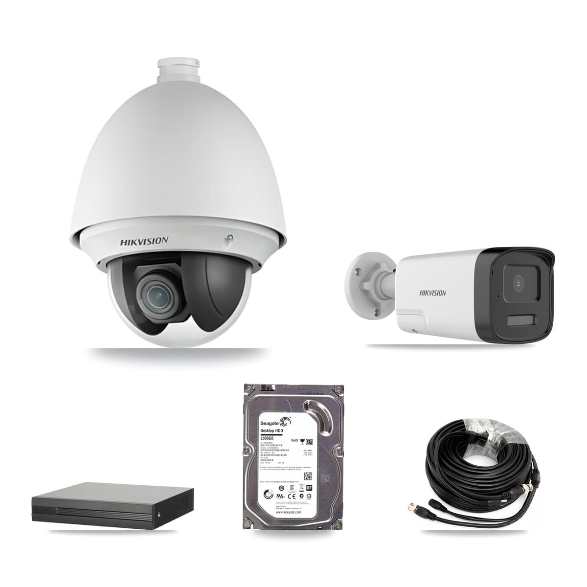 Hikvision 8-Channel 2MP – 5MP CCTV Kit — 1 DS-2AE4225T 2MP PTZ + 1 DS-2CE17K0T 5MP Bullet Cameras + 2TB Recording (XVR-3108HS Recorder)