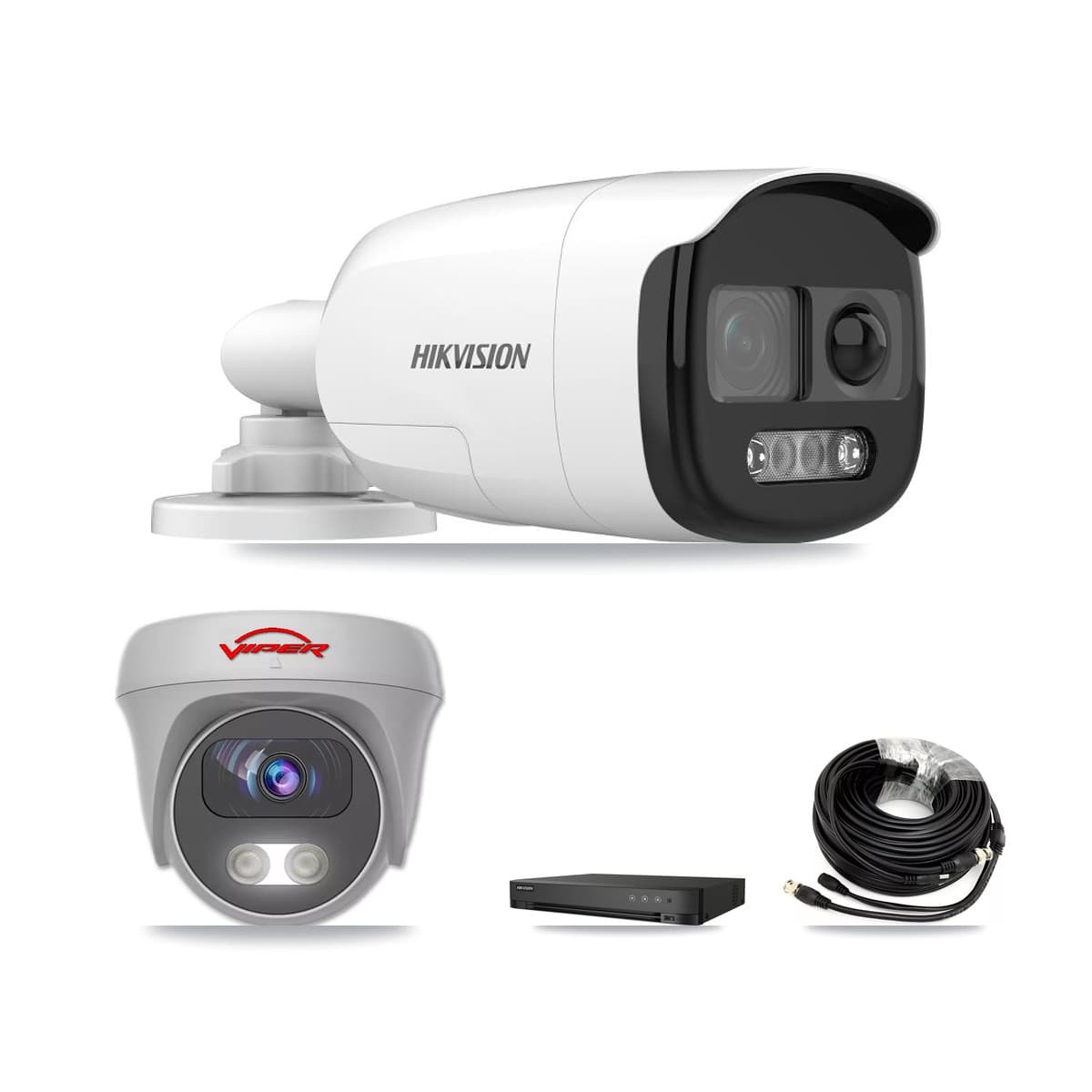Hikvision & Viper 4-Channel 5MP CCTV Kit — 1 DS-2CE12KF3T Bullet + 1 White VIPER-5MP-3K Cameras + 3TB Recording (IDS-7204HUHI Recorder) - Image 1