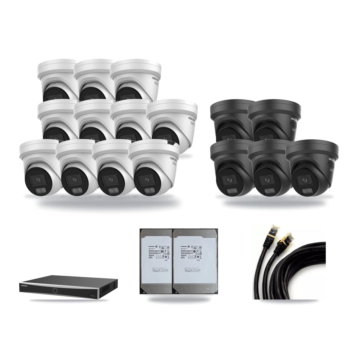 Hikvision 16-Channel 4K CCTV Kit — 11 + 5 Black Turret Cameras + 2× 14TB Recording (DS-7616NXI Recorder) - Image 1