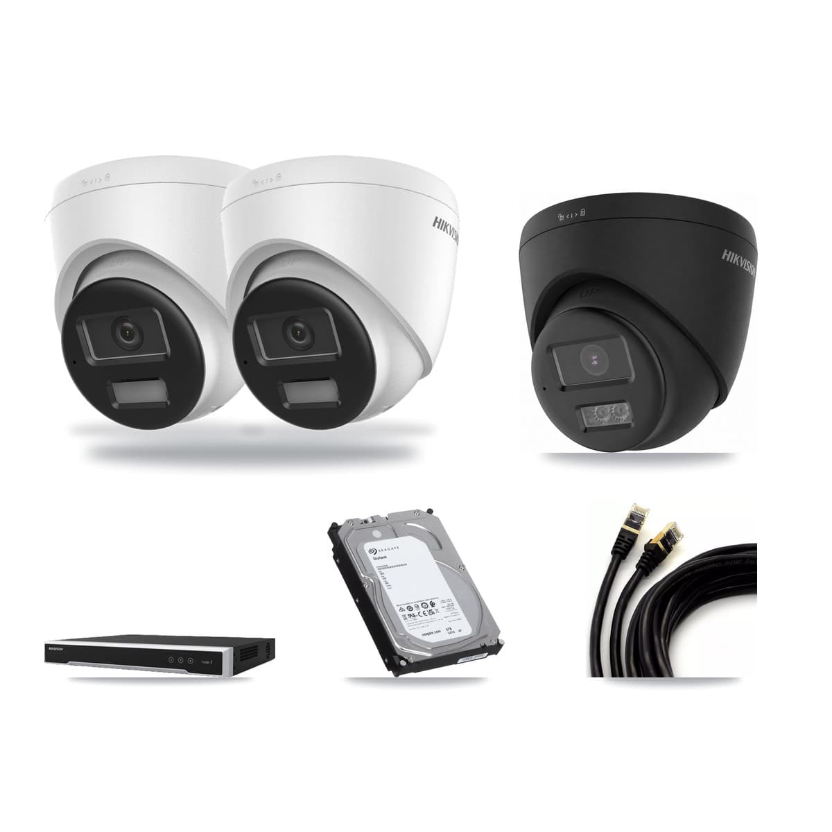 Hikvision 8-Channel 4K CCTV Kit — 2 DS-2CD1383G2 + 1 Black DS-2CD1383G2 Turret Cameras + 6TB Recording - Image 1