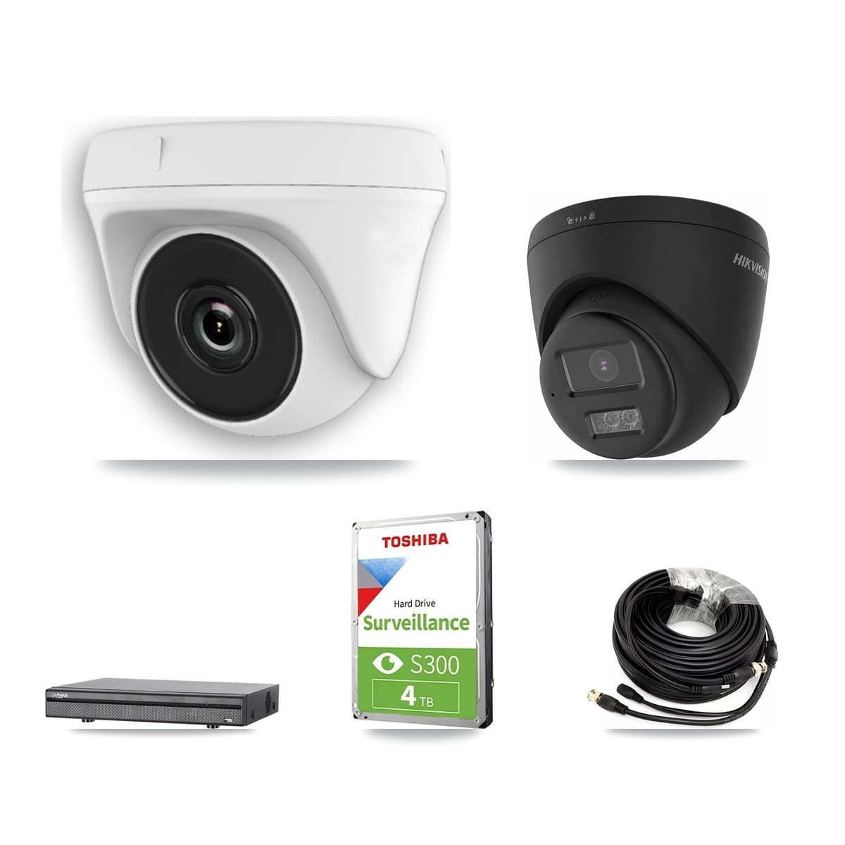 Hikvision & Dahua 8-Channel 2MP – 4K CCTV Kit — 1 Black 4K Turret + 2 White 2MP Dome Cameras + 4TB Recording - Image 1