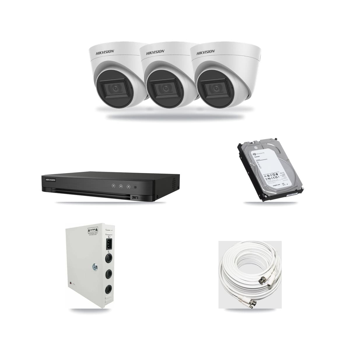 Hikvision 4-Channel 5MP CCTV Kit — 3 White Turret Cameras + 6TB Recording (DS-7204HUHI Recorder) - Image 1