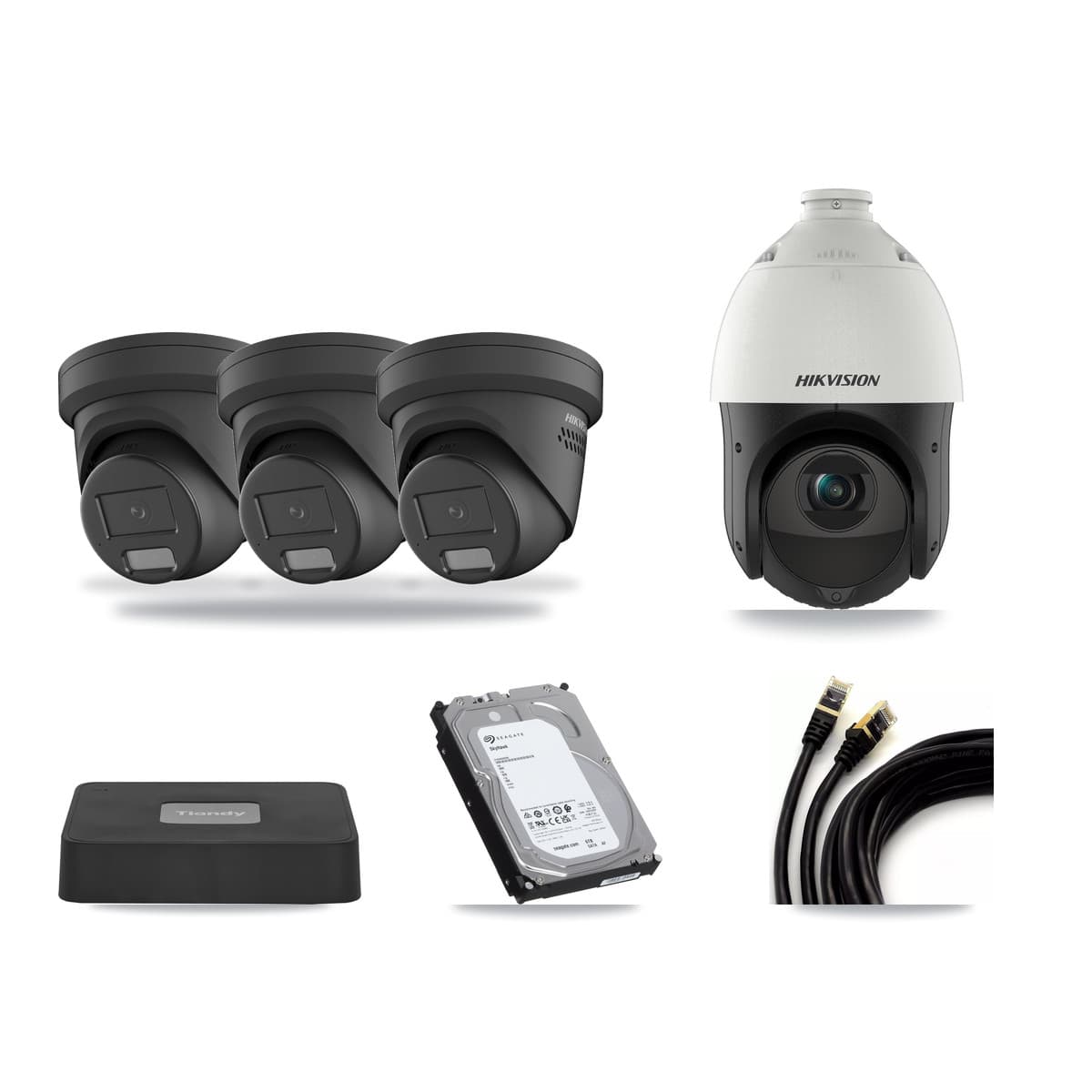 Hikvision & Tiandy 4-Channel 4MP CCTV Kit — 3 Black DS-2CD2347G2 Turret + 1 DS-2DE4425IW PTZ Cameras + 6TB Recording - Image 1