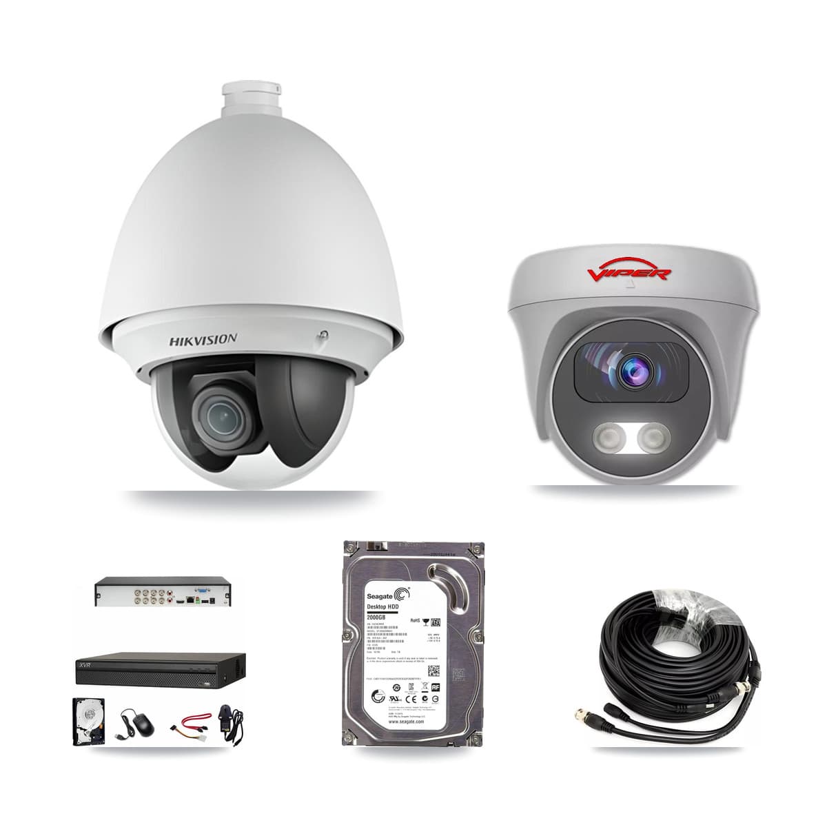 8-Channel 2MP – 5MP CCTV Kit — 1 DS-2AE4225T 2MP PTZ + 1 White VIPER-5MP-3K 5MP Cameras + 2TB Recording (XVR-3108AD Recorder) - Image 1