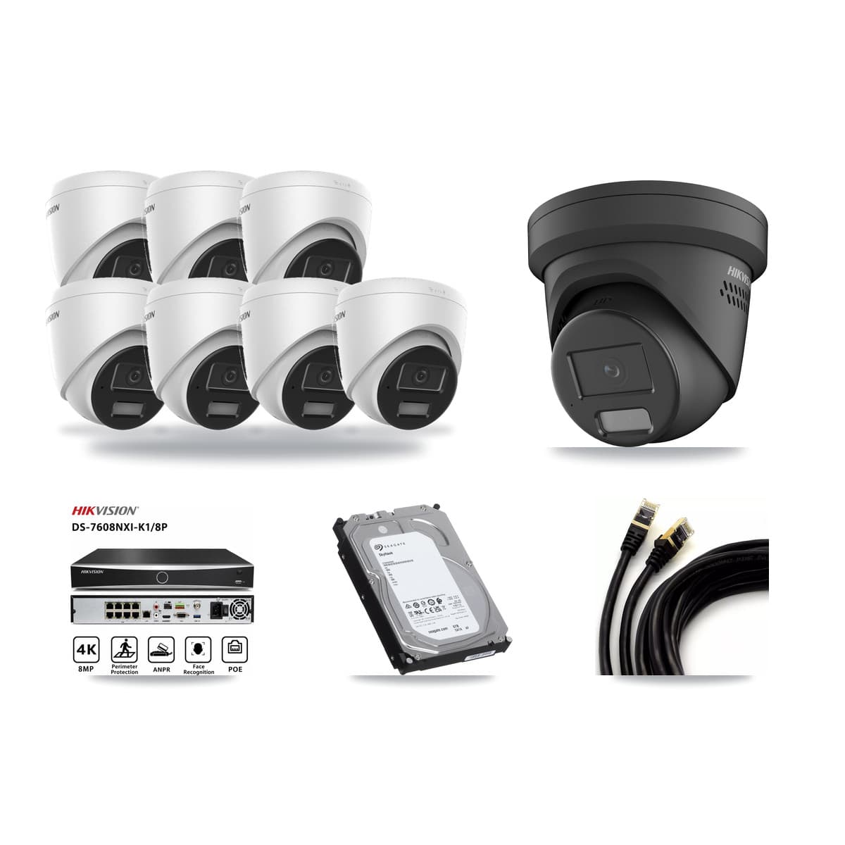 Hikvision 8-Channel 4MP CCTV Kit — 7 DS-2CD1343G2 + 1 DS-2CD2347G2 Turret Cameras + 6TB Recording - Image 1