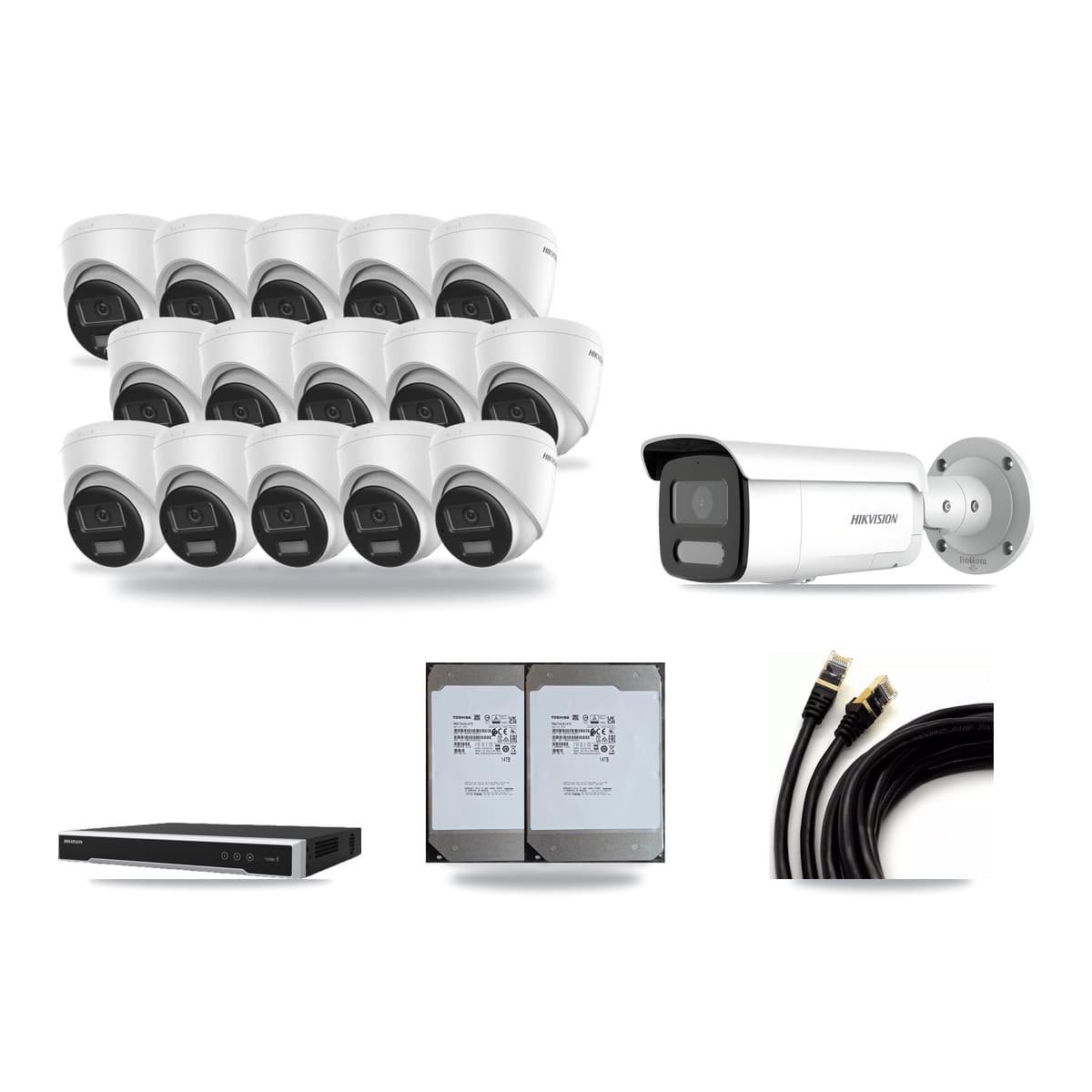 Hikvision 16-Channel 4MP – 4K CCTV Kit — 15 DS-2CD1383G2-LIU 4K Turret + 1 DS-2CD2T47G2H-LISU/SL 4MP Bullet Cameras + 2× 14TB Recording (DS-7616NI-M2/16P Recorder) - Image 1