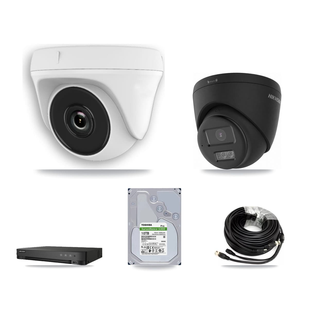 Hikvision 8-Channel 2MP – 4K CCTV Kit — 2 Black DS-2CE78U0T-LTS-BLACK 4K Turret + 6 White HDT-2MP-N20W-2.8MM 2MP Dome Cameras + 10TB Recording (IDS-7208HUHI-M1/E Recorder)
