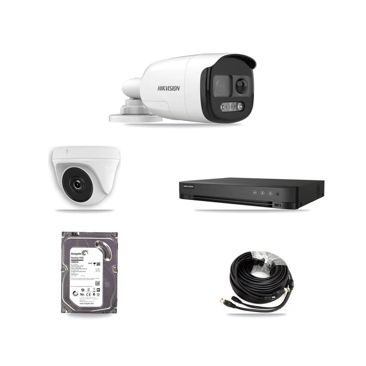 Hikvision 4-Channel 2MP – 5MP CCTV Kit — 1 DS-2CE12KF3T 5MP Bullet + 1 White HDT-2MP-N20W 2MP Dome Cameras + 2TB Recording (IDS-7204HUHI Recorder)